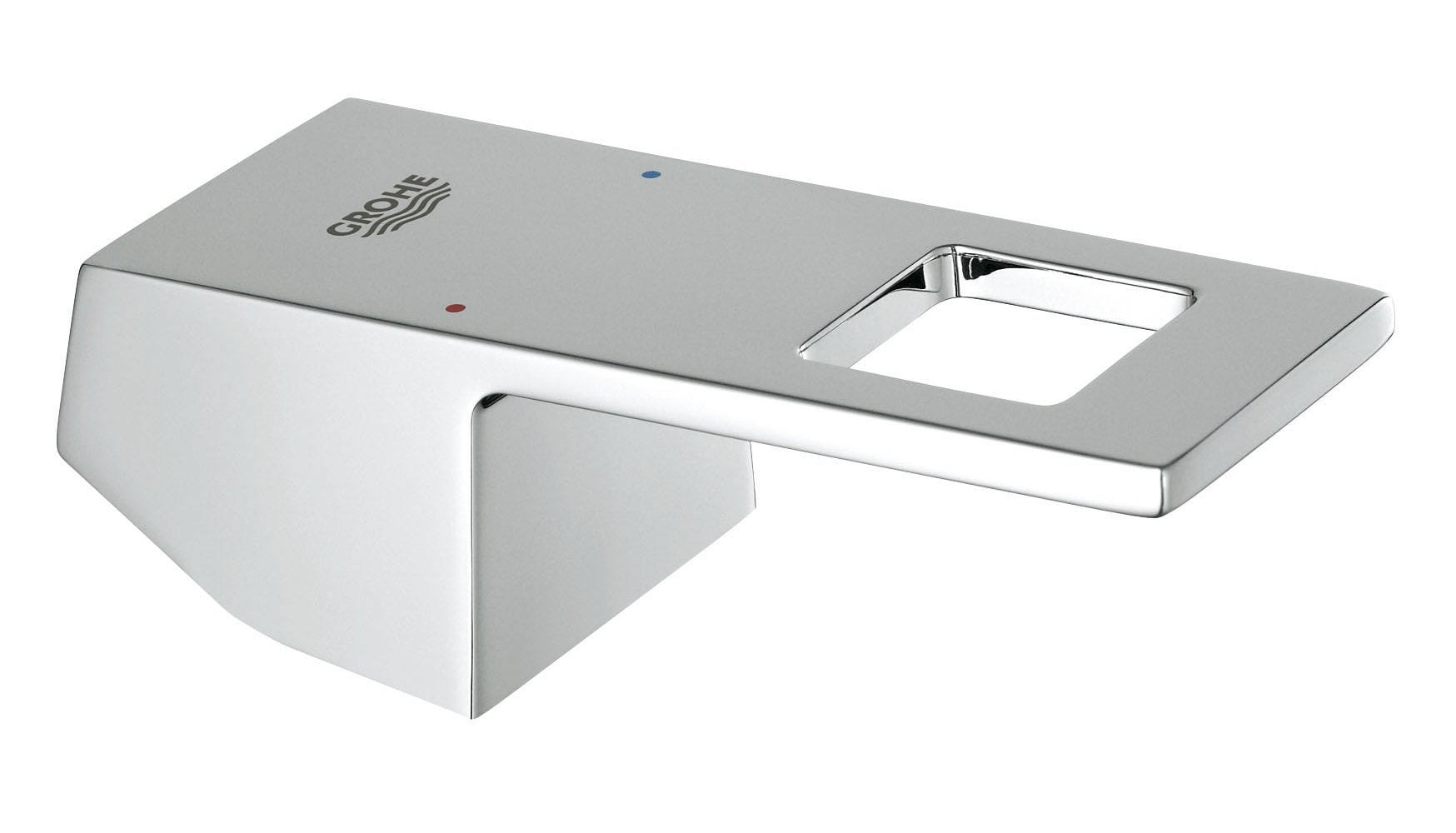 Chrome lever handle with mounting plate and rectangular opening for faucet installation.