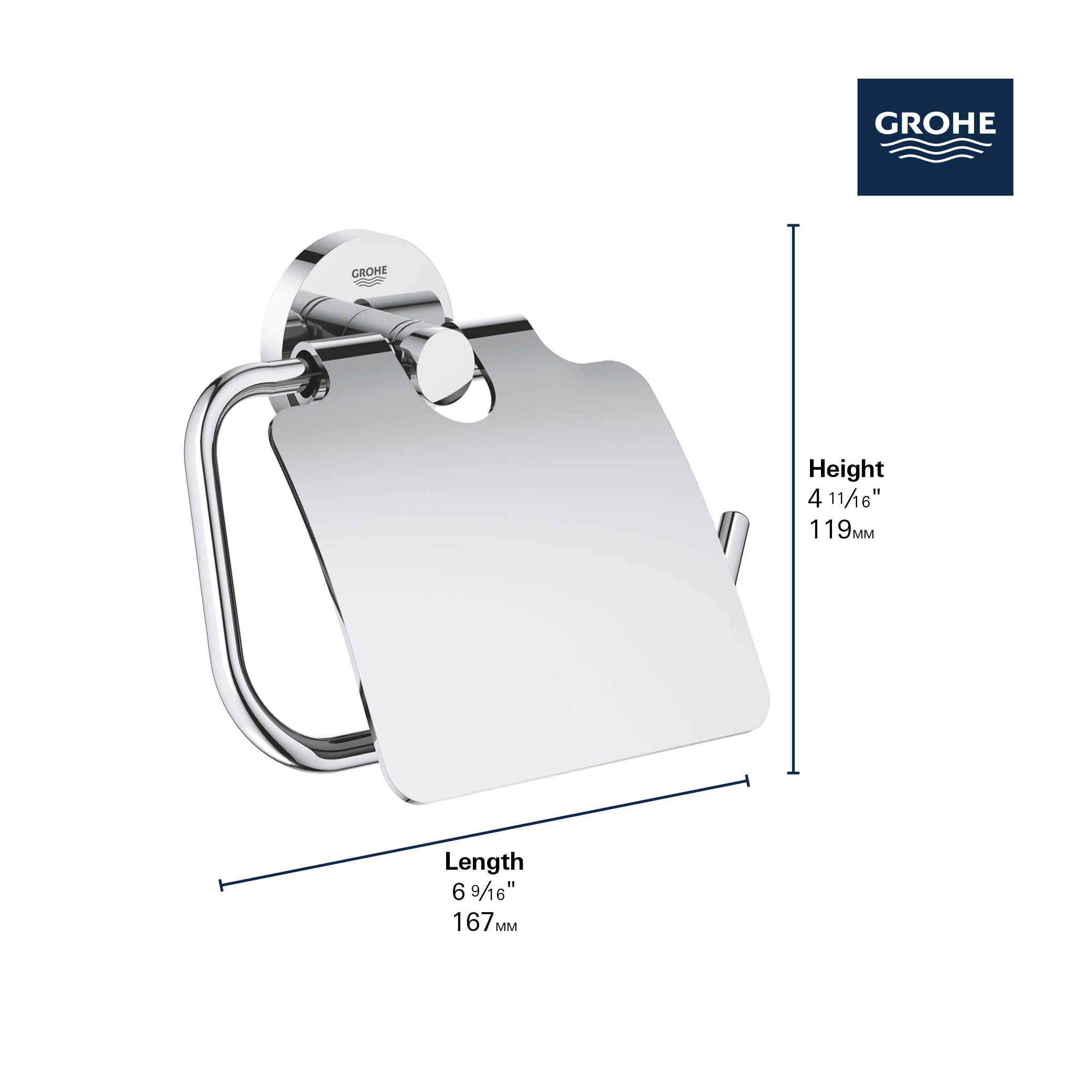 Matte black and chrome paper holder with curved arm and mounting bracket, shown with dimensions.