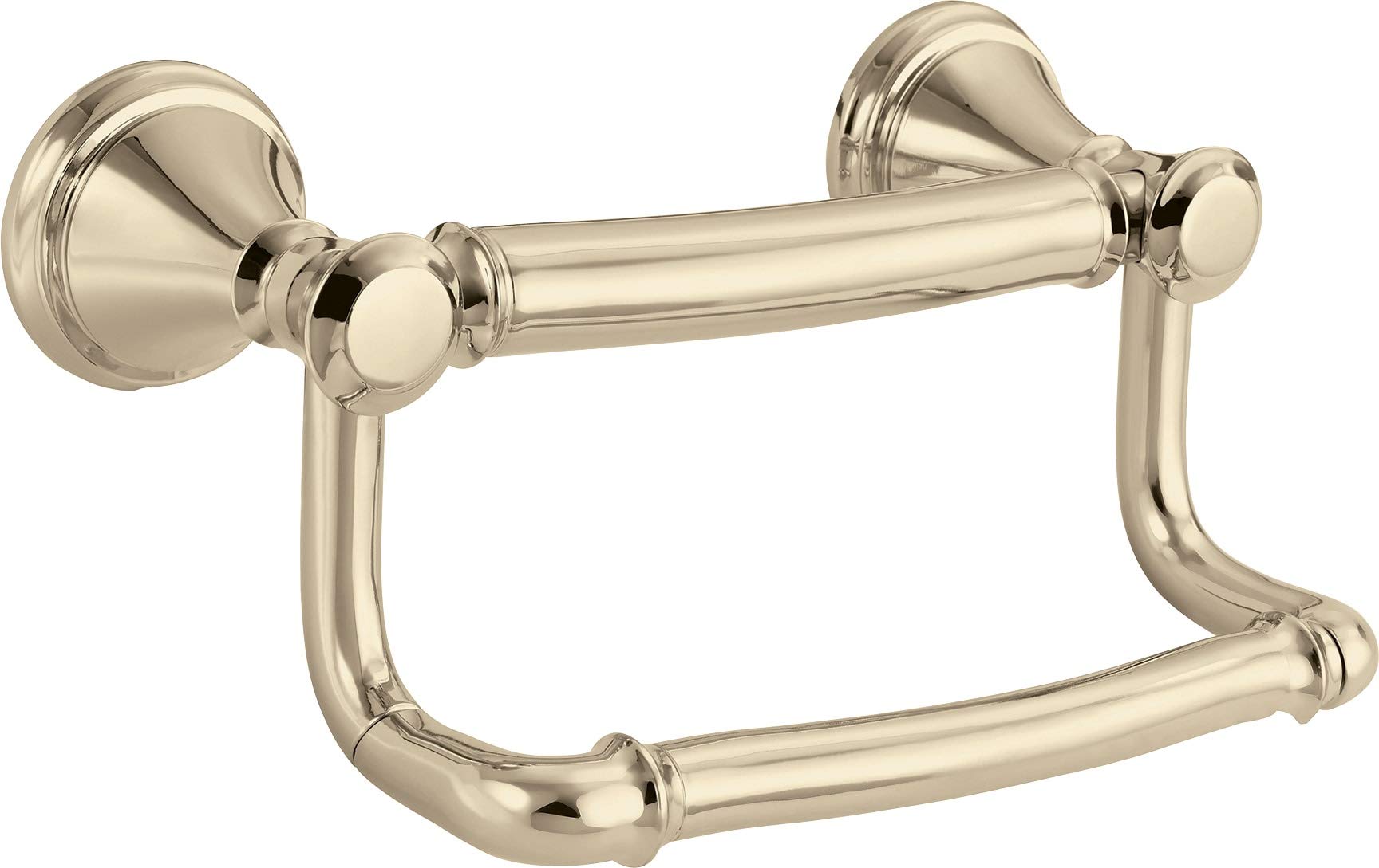 Polished nickel tissue holder with assist bar, featuring two wall-mounted circular rosettes and curved support rails.