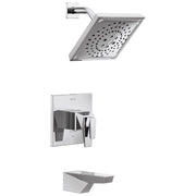 Chrome showerhead with perforations, wall-mounted arm, valve trim plate with lever handle, and tub spout.