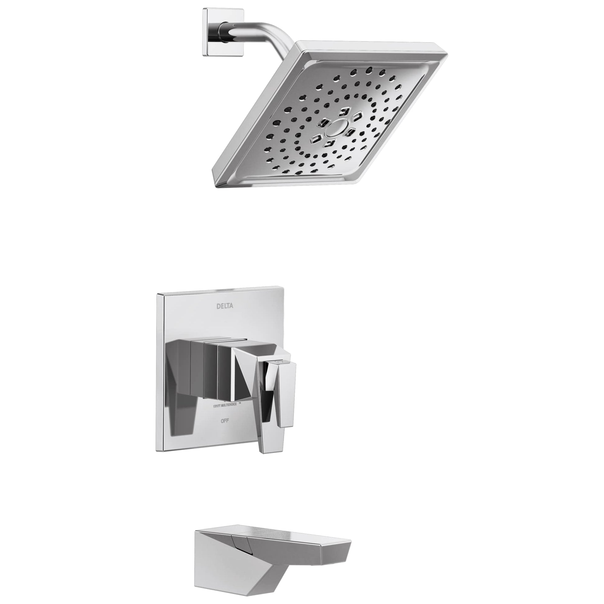 Chrome showerhead with perforations, wall-mounted arm, valve trim plate with lever handle, and tub spout.
