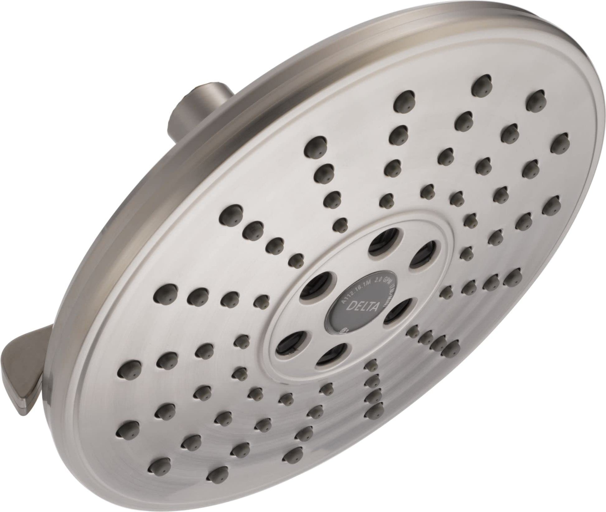 Round brushed nickel shower head with multiple spray holes and central control dial for adjusting water settings.