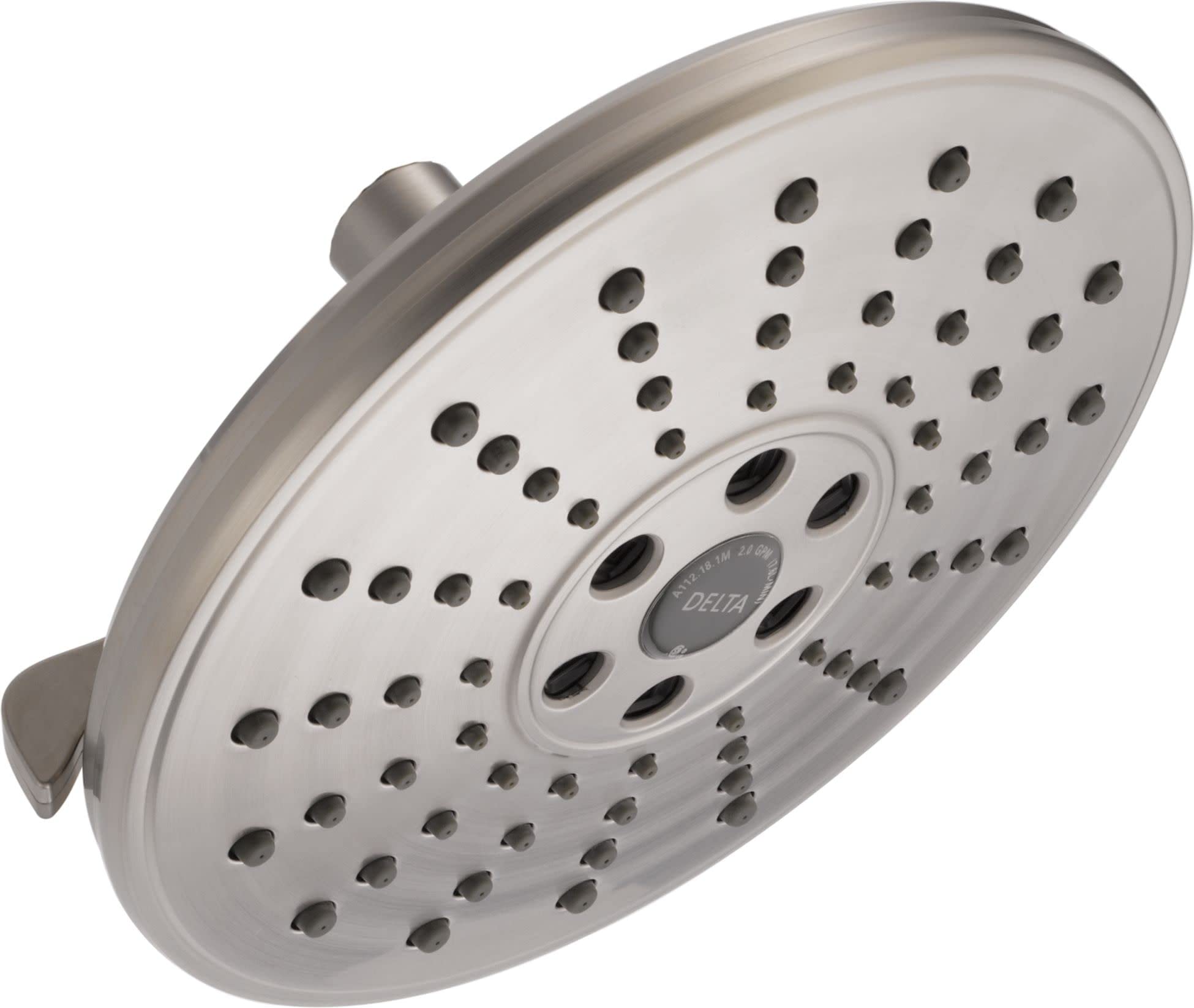 Round brushed nickel shower head with multiple spray holes and central control dial for adjusting water settings.