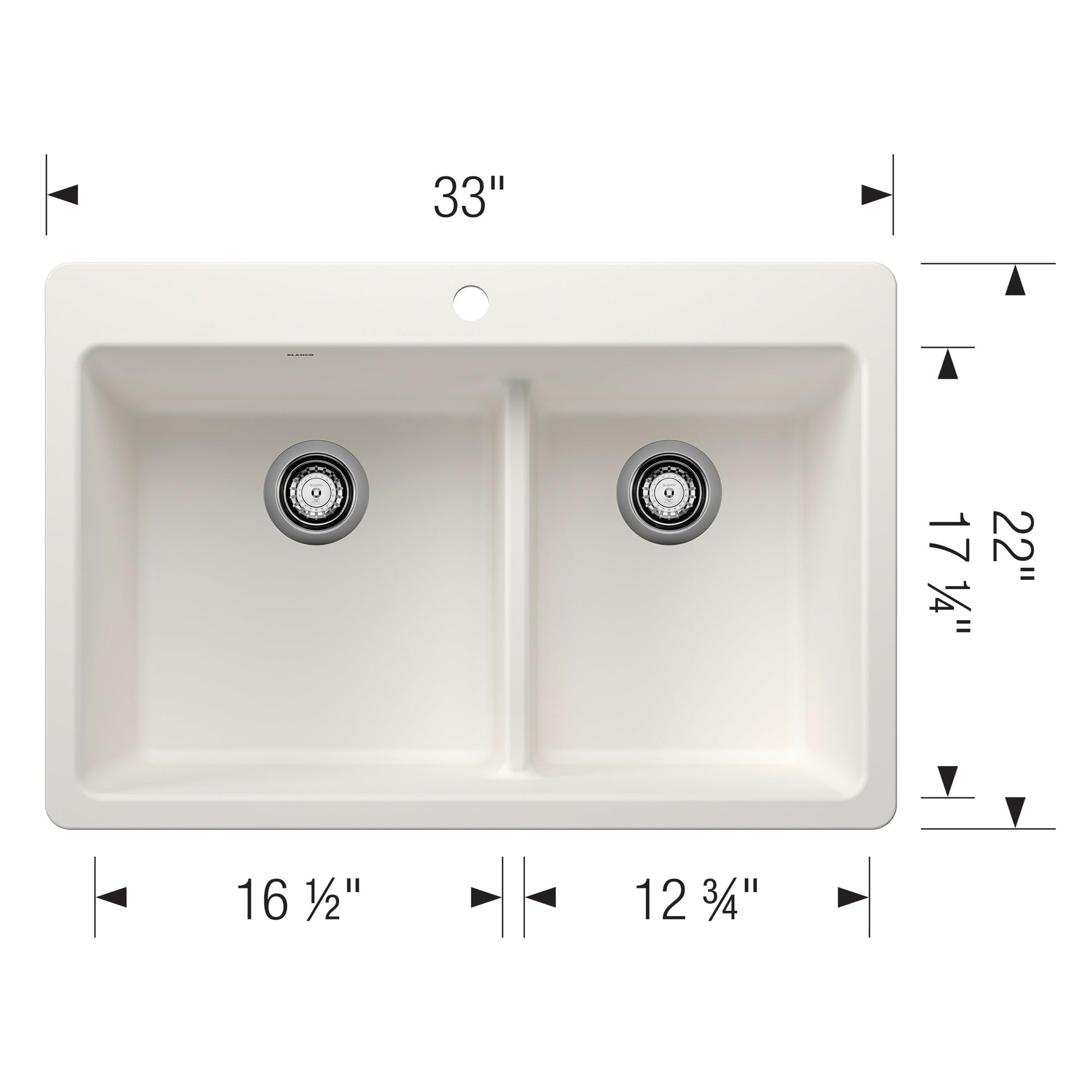 White dual-bowl drop-in kitchen sink with low divide and two drain holes, 33" width.