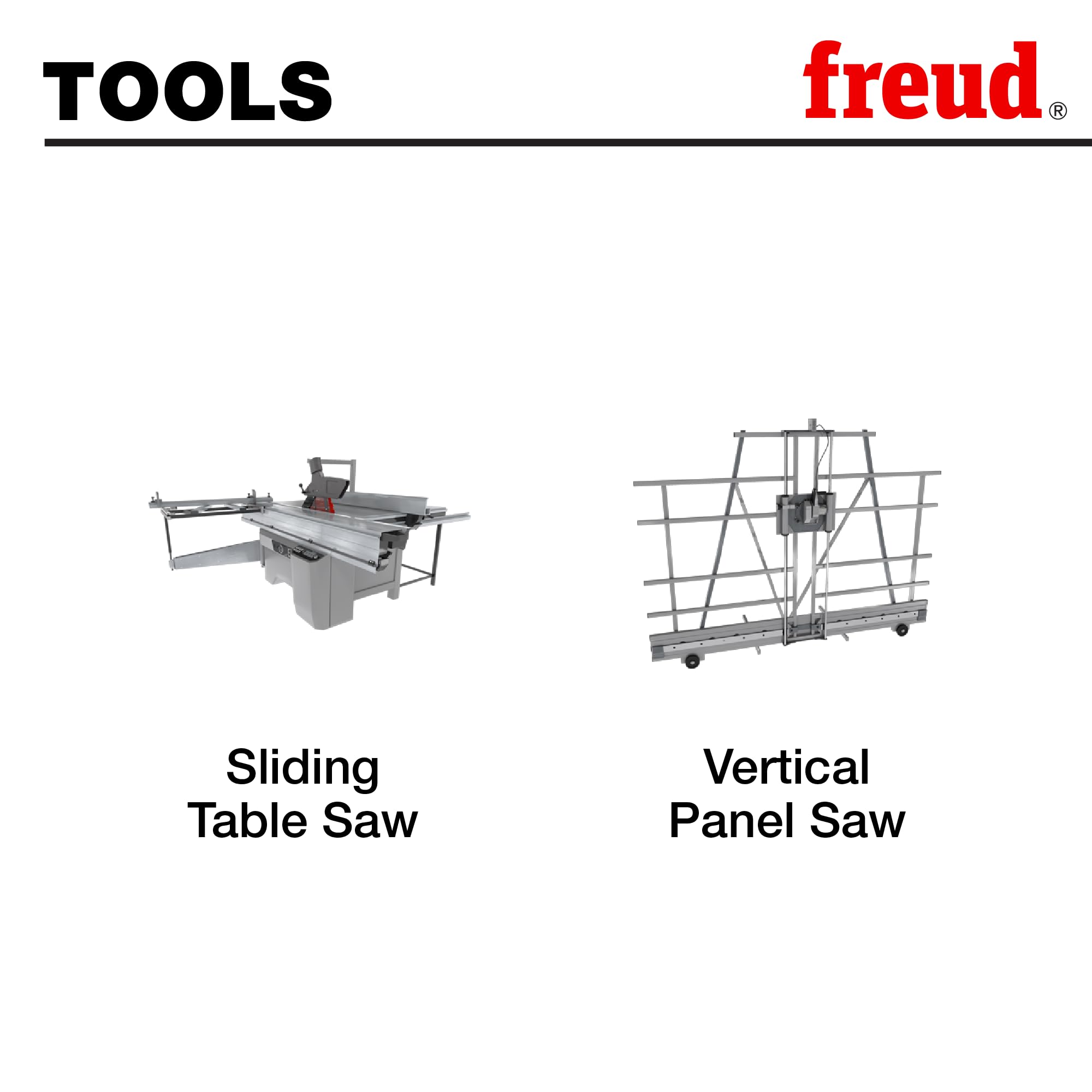 Circular saw blade for sliding table and vertical panel saws with Freud branding and tool type illustrations.