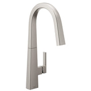 Stainless steel kitchen faucet with tall curved spout, single handle, and pulldown spray head.