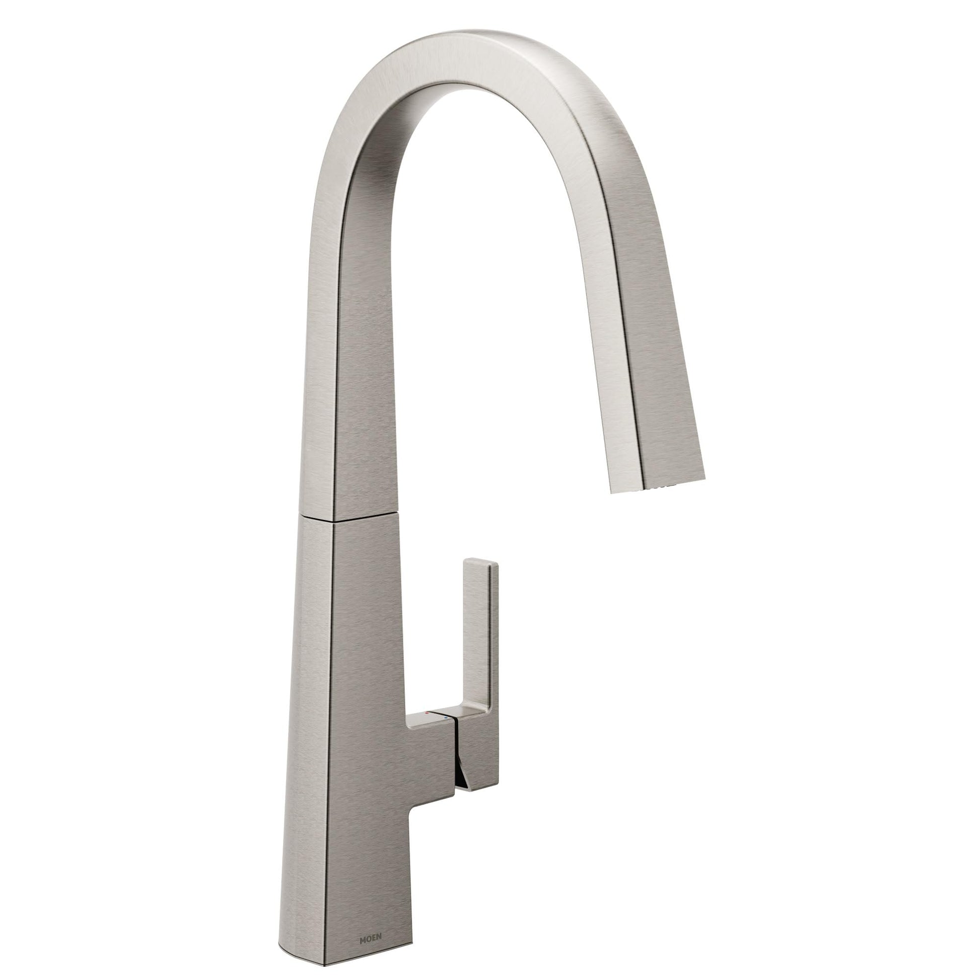 Stainless steel kitchen faucet with tall curved spout, single handle, and pulldown spray head.