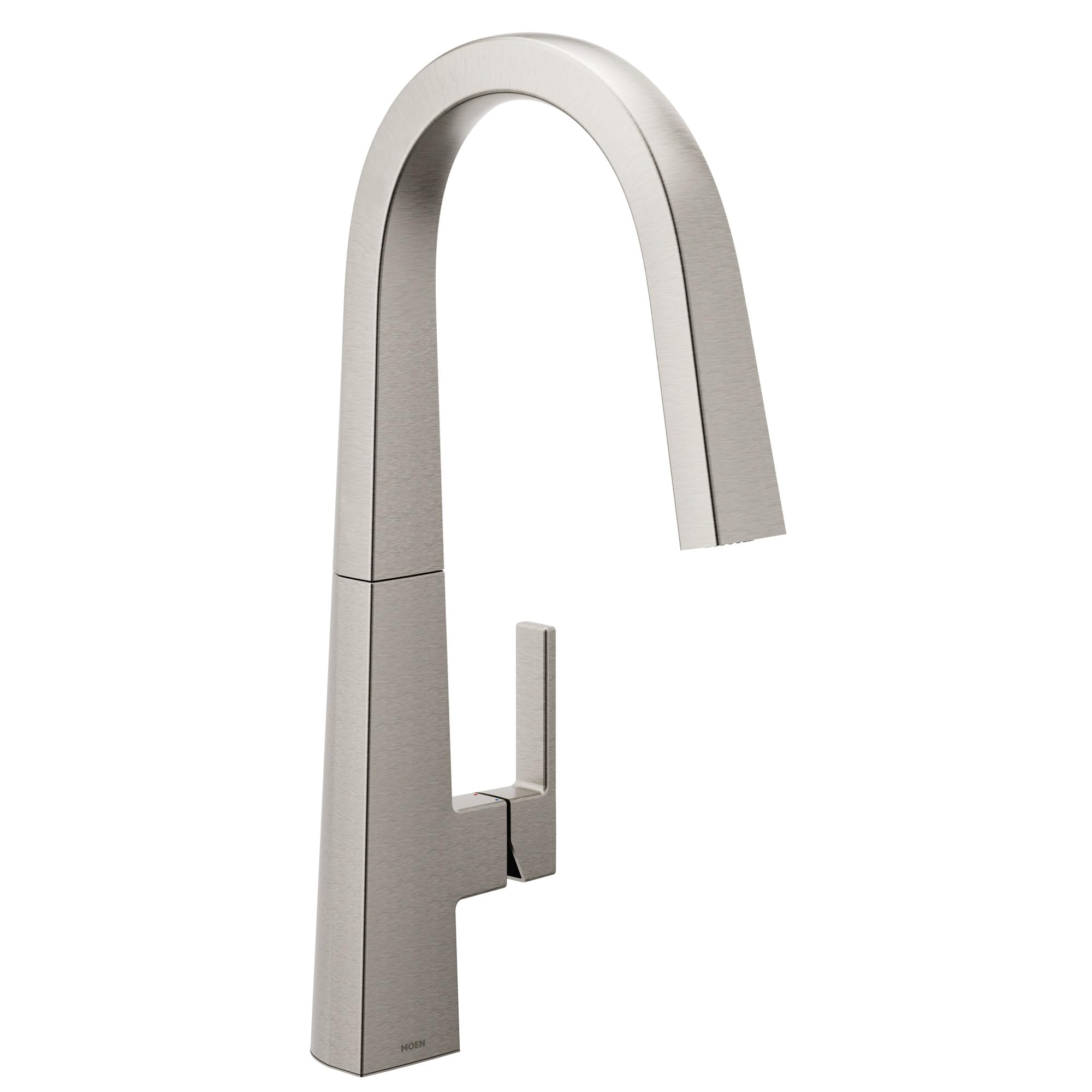 Stainless steel kitchen faucet with tall curved spout, single handle, and pulldown spray head.