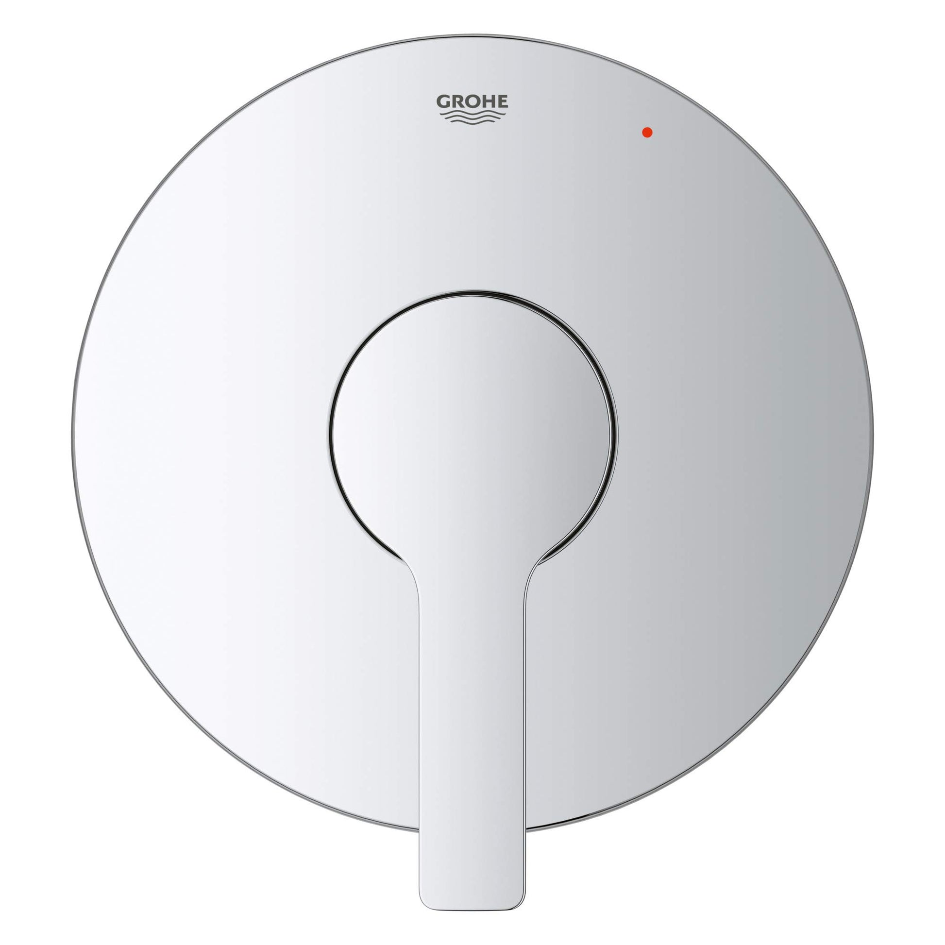 Chrome pressure balance valve trim with circular escutcheon plate, single lever handle, and red temperature indicator dot.