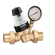 Brass pressure relief valve with integral pressure gauge and black adjustment cap on sweat connections.