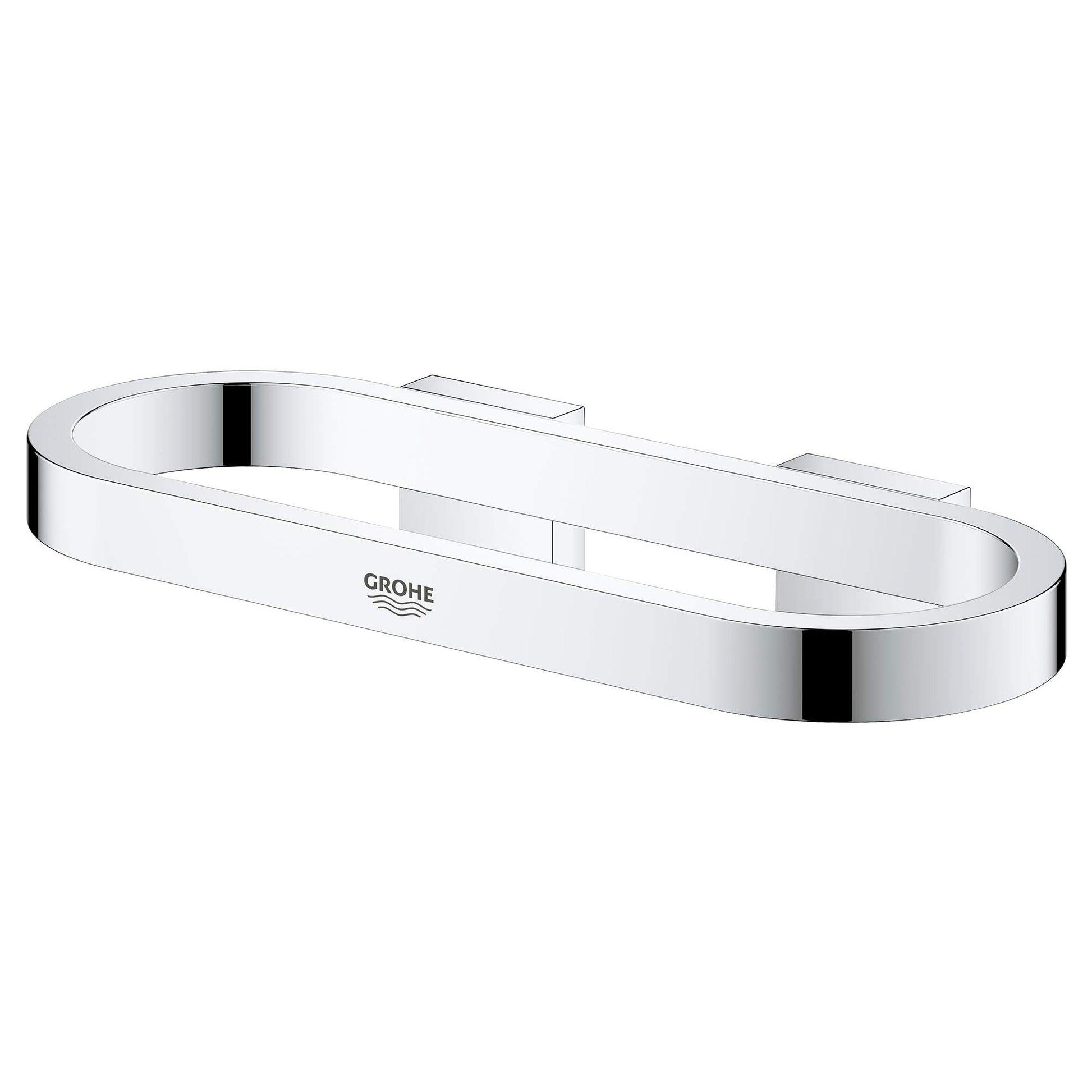 Chrome towel ring with oval shape and Grohe logo, wall-mounted with rectangular base plates.