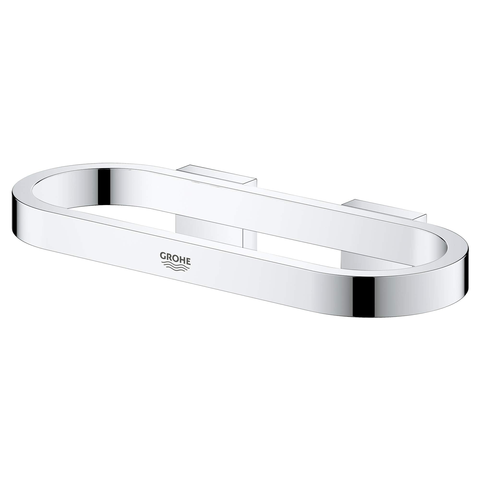Chrome towel ring with oval shape and Grohe logo, wall-mounted with rectangular base plates.