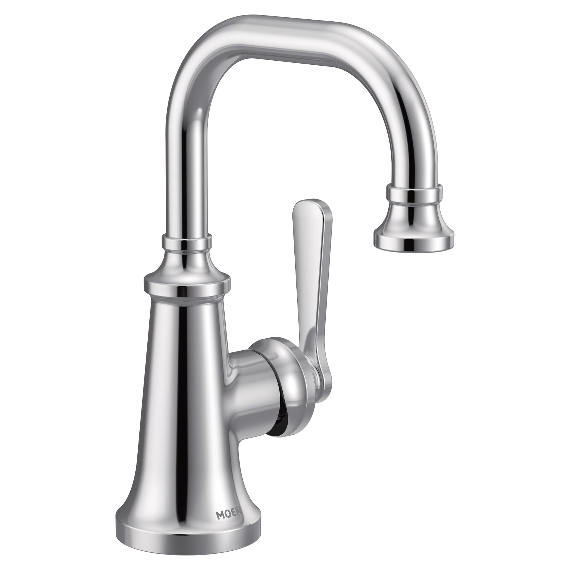 Chrome single-handle bathroom sink faucet with curved spout and lever handle on round base.