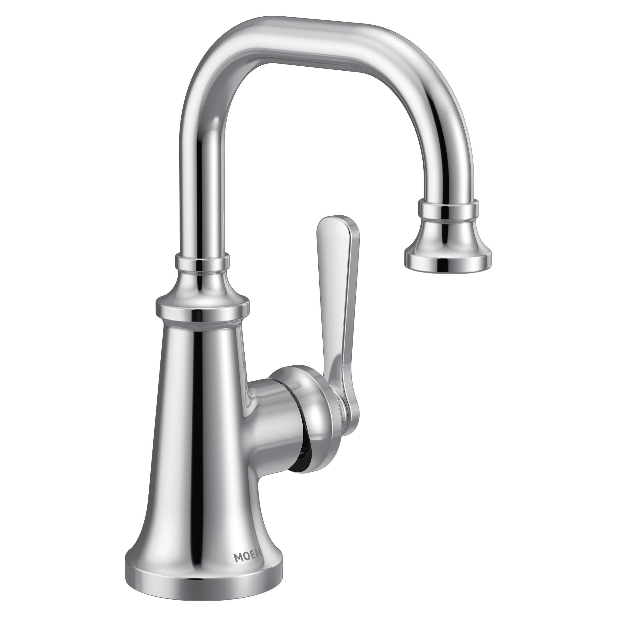 Chrome single-handle bathroom sink faucet with curved spout and lever handle on round base.