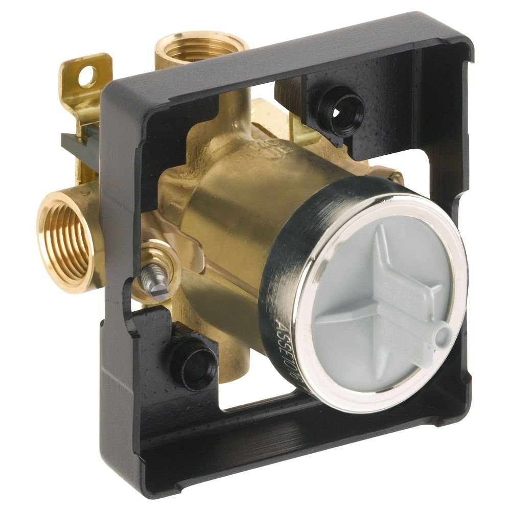 Brass pressure balance rough-in valve with black mounting bracket, white diverter cap, and IPS threaded connections.