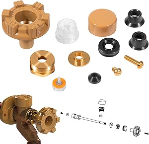 Brass and black metal repair kit components including valve seats, caps, nuts, springs, and gaskets for outdoor wall hydrant.