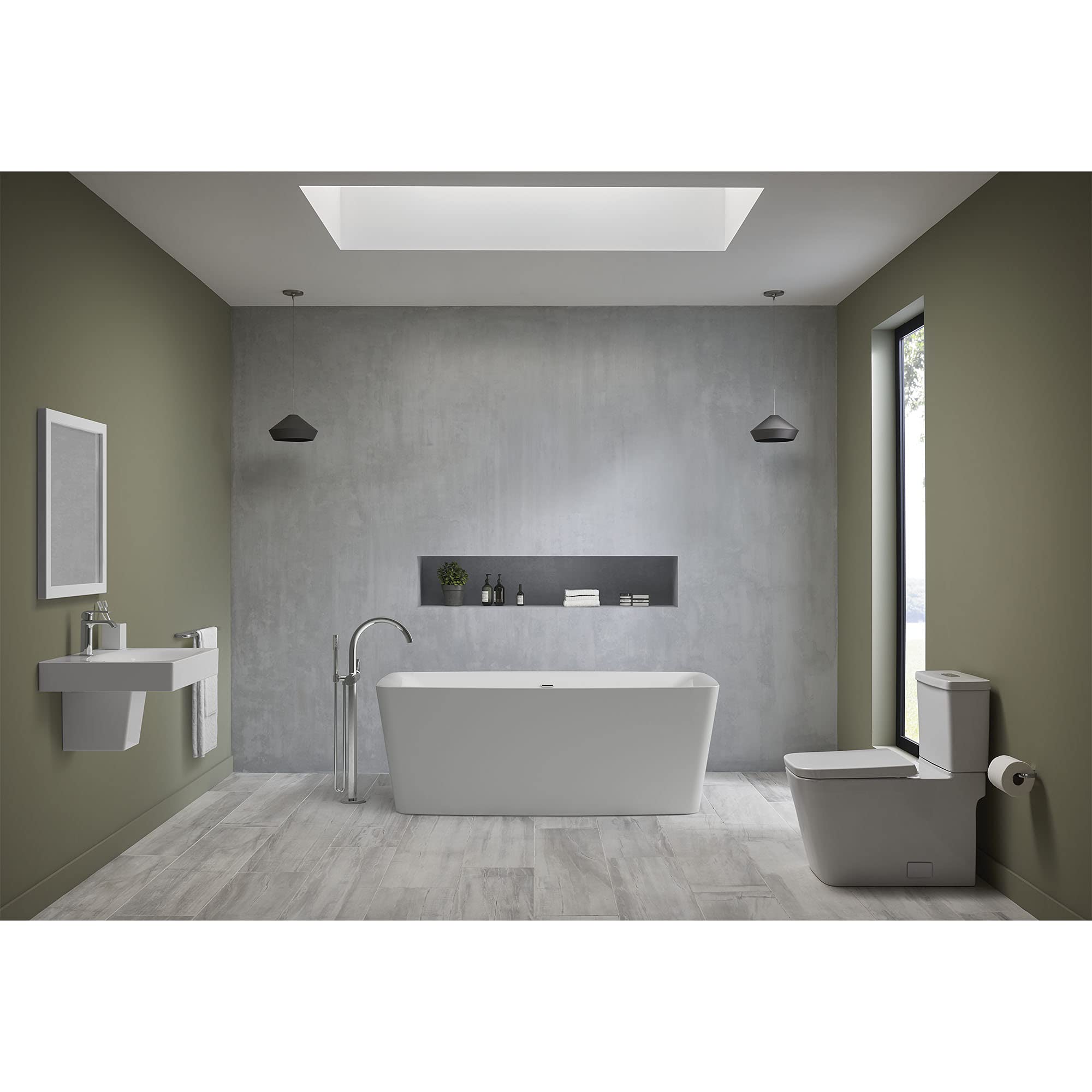 White rectangular wall-mounted bathroom sink with three faucet holes, displayed in a modern bathroom setting.