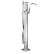 Chrome freestanding floor mount tub filler with single lever handle, spout, and detachable handshower on hose.
