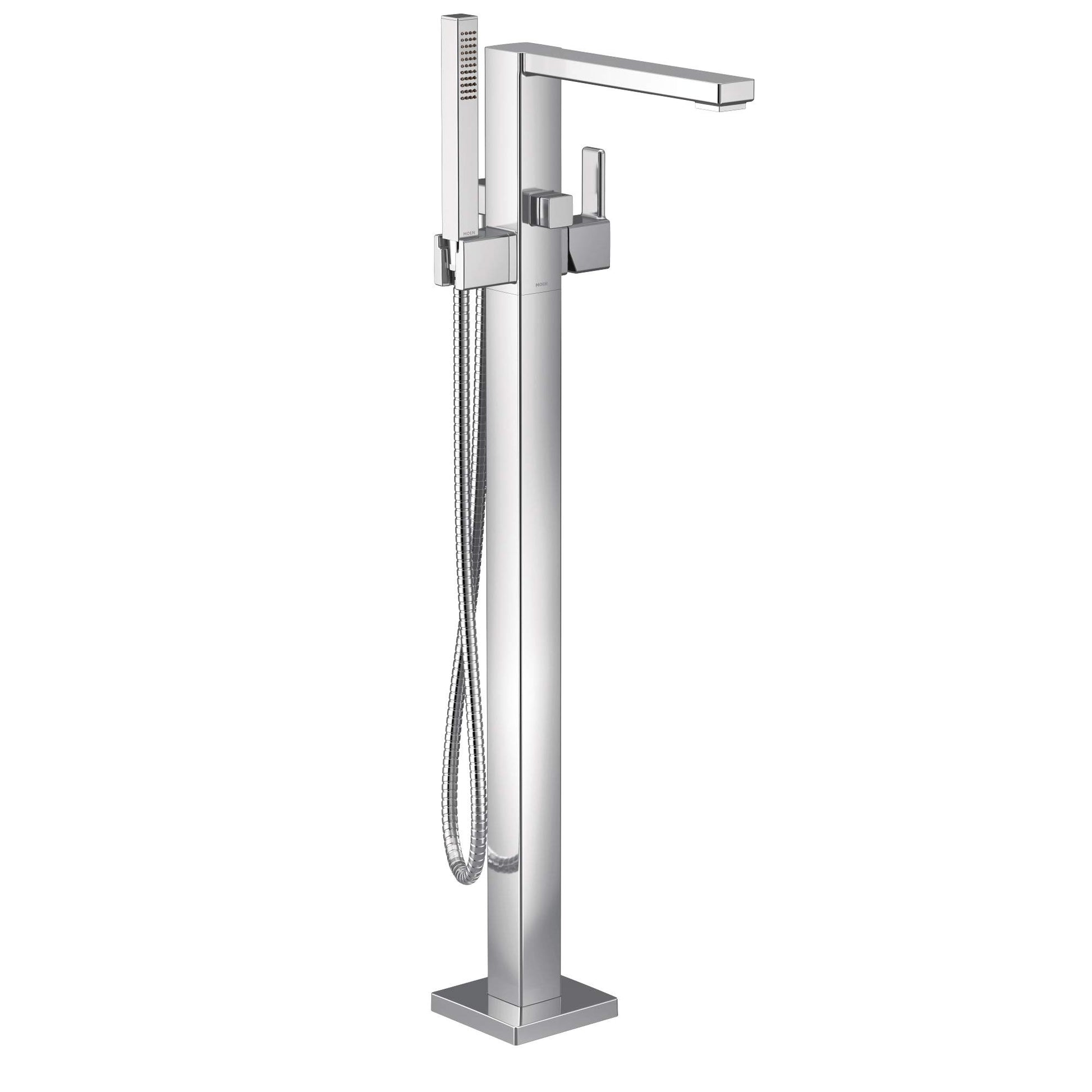 Chrome freestanding floor mount tub filler with single lever handle, spout, and detachable handshower on hose.