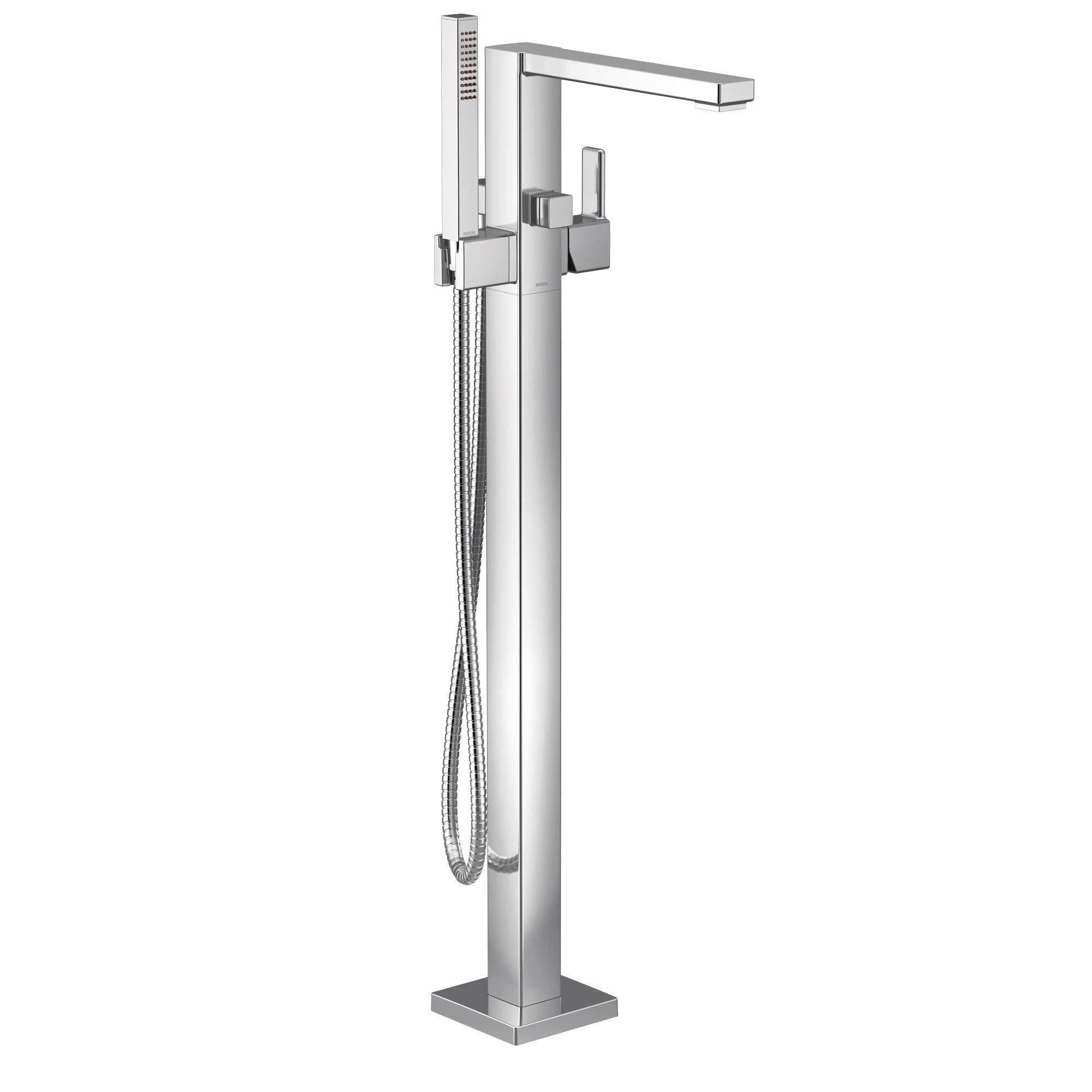 Chrome freestanding floor mount tub filler with single lever handle, spout, and detachable handshower on hose.