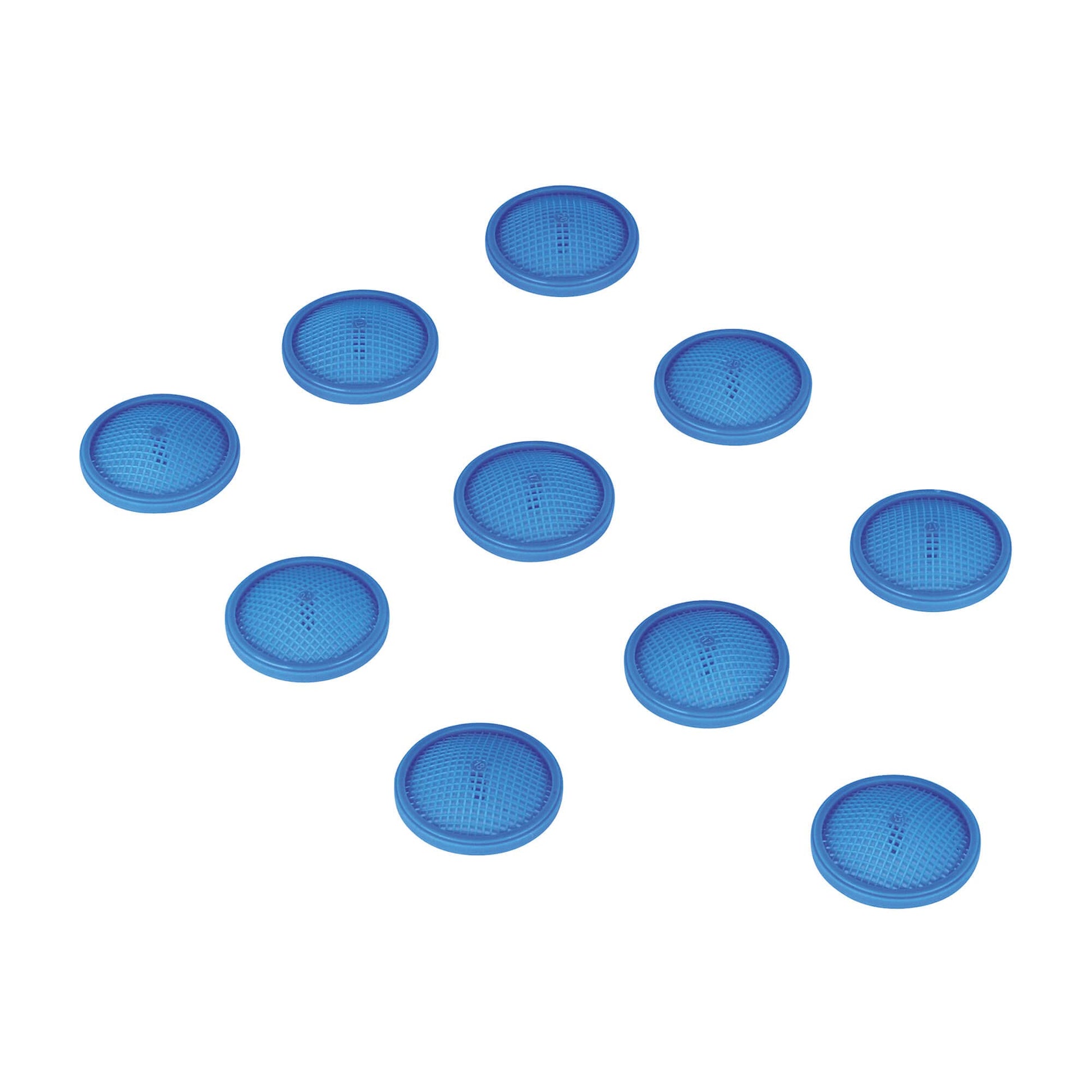 Ten blue circular mesh strainer filters with raised rims arranged on white background.