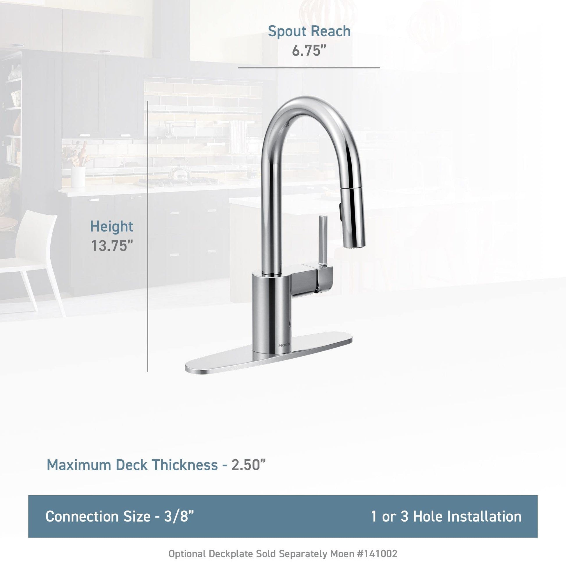 Chrome pulldown bar faucet with retractable sprayer, 13.75" height and 6.75" spout reach.