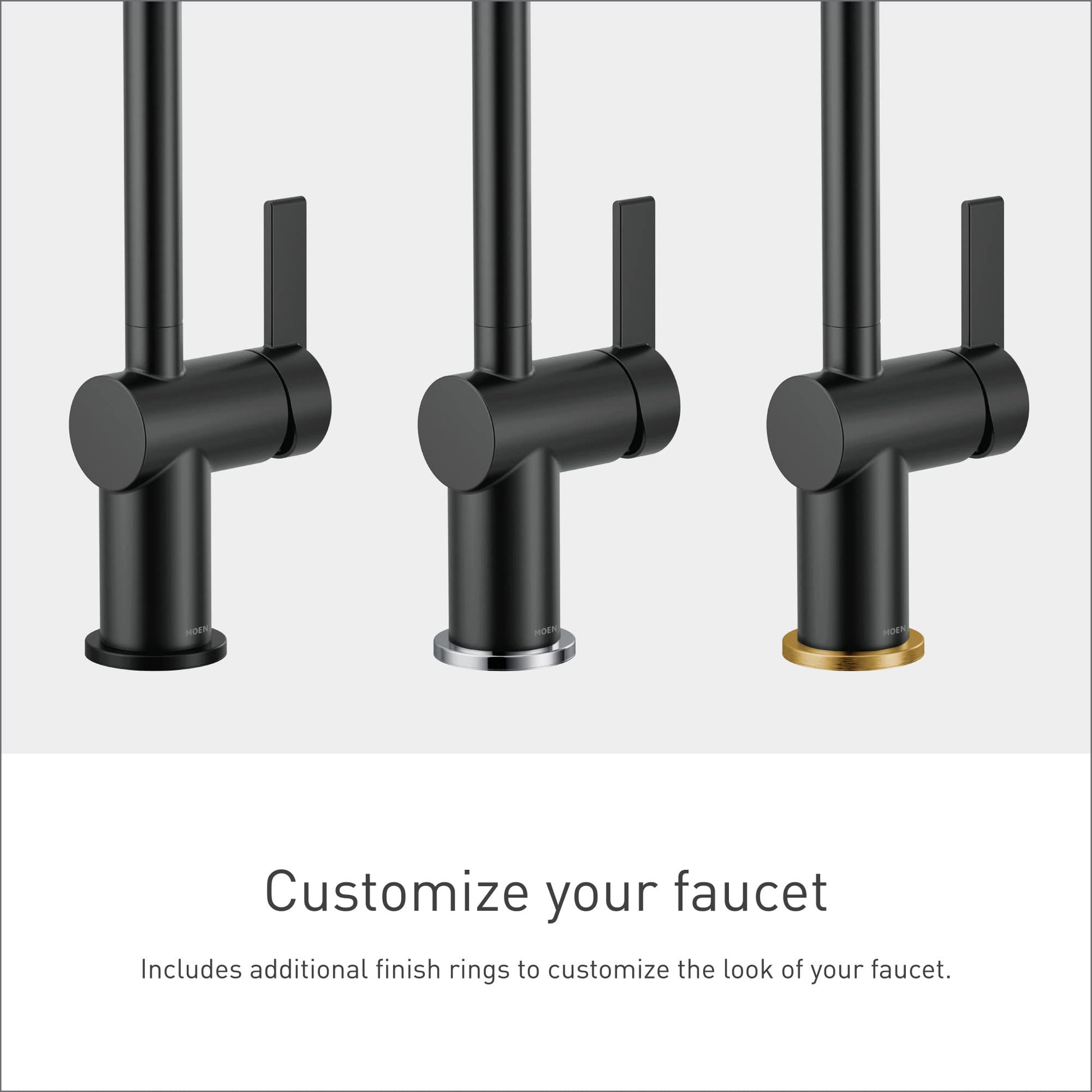 Moen Cia bar faucet in matte black shown with three interchangeable finish ring options: matte black, chrome, and brass.