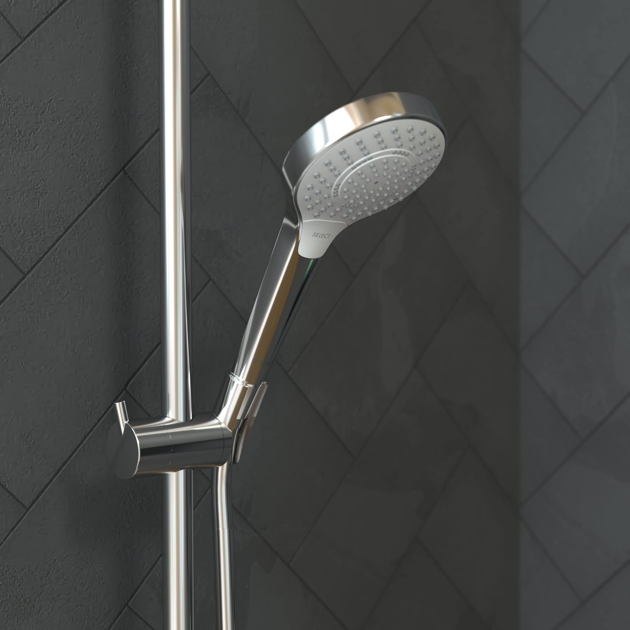 White and chrome handheld showerhead with perforated face mounted on vertical chrome rail in tiled shower.
