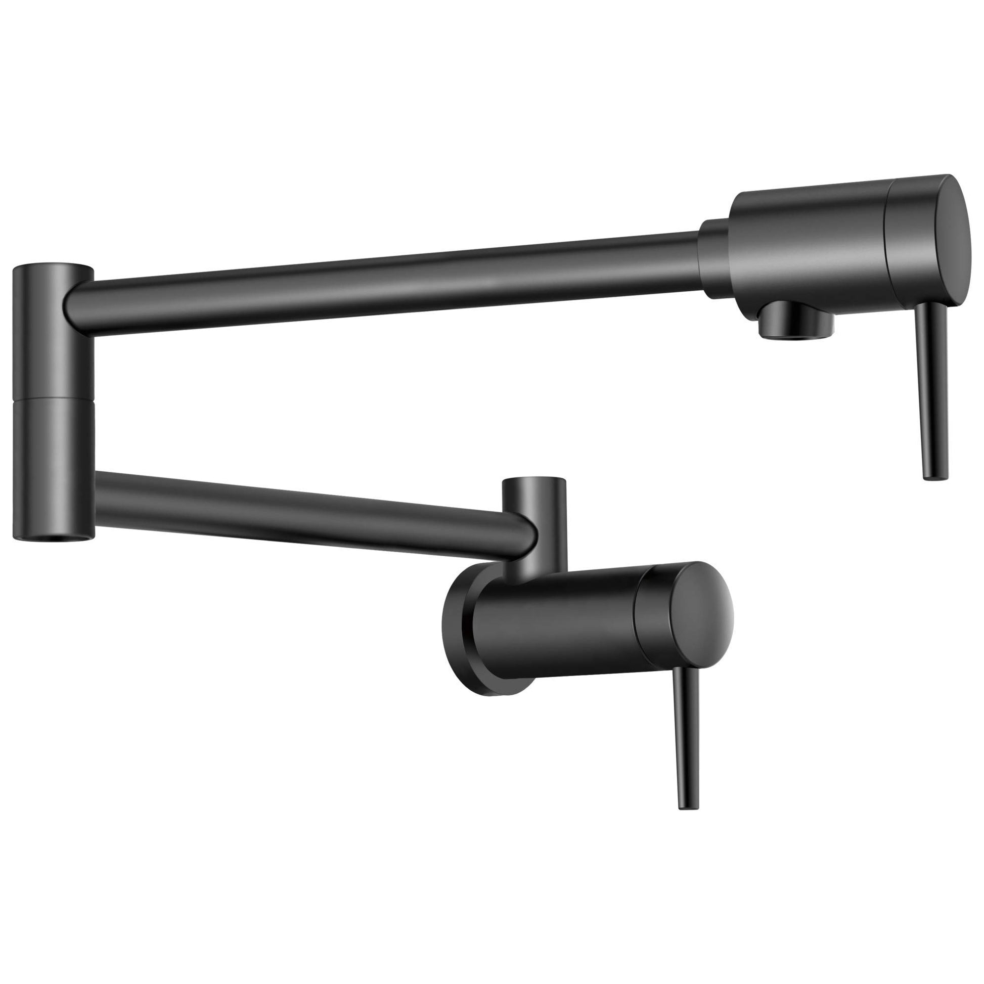Black matte wall-mounted pot filler faucet with articulated arm and lever handle.