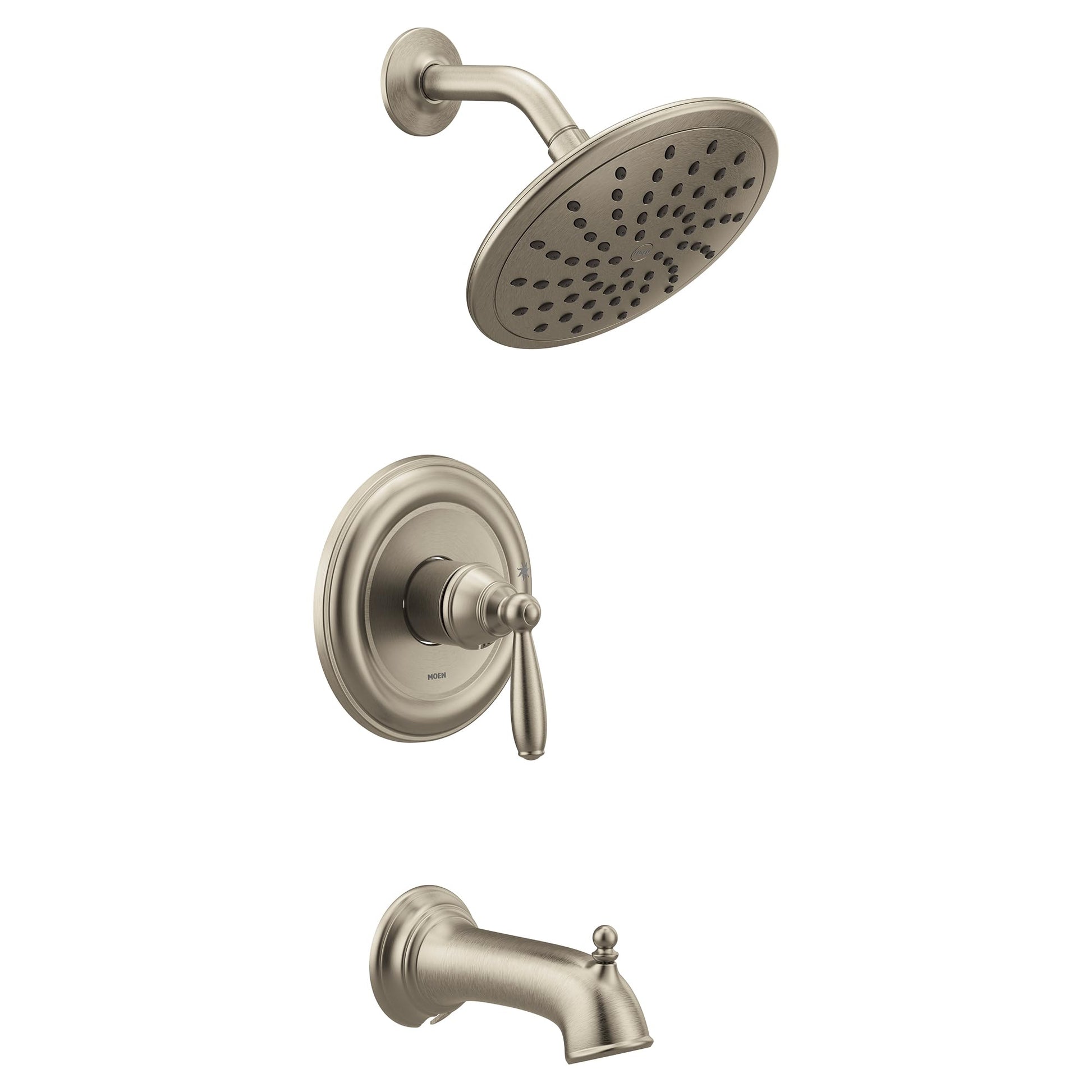 Brushed nickel tub and shower trim kit with single lever handle, overhead showerhead, and tub spout.