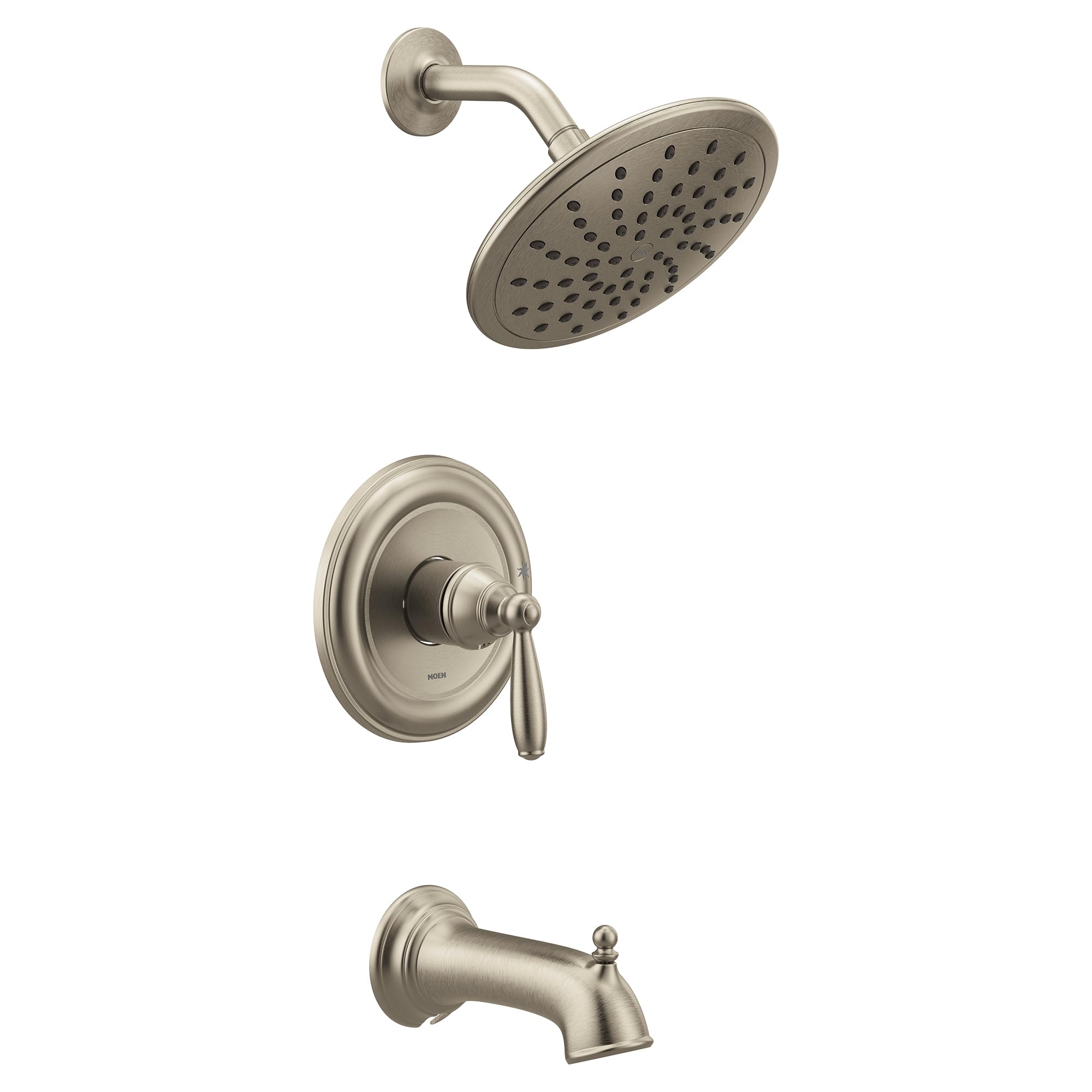 Brushed nickel tub and shower trim kit with single lever handle, overhead showerhead, and tub spout.