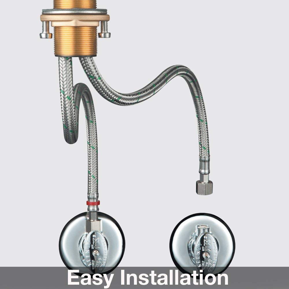 Chrome bar faucet with brass inlet body, flexible stainless steel hoses, and two valve shut-off controls.