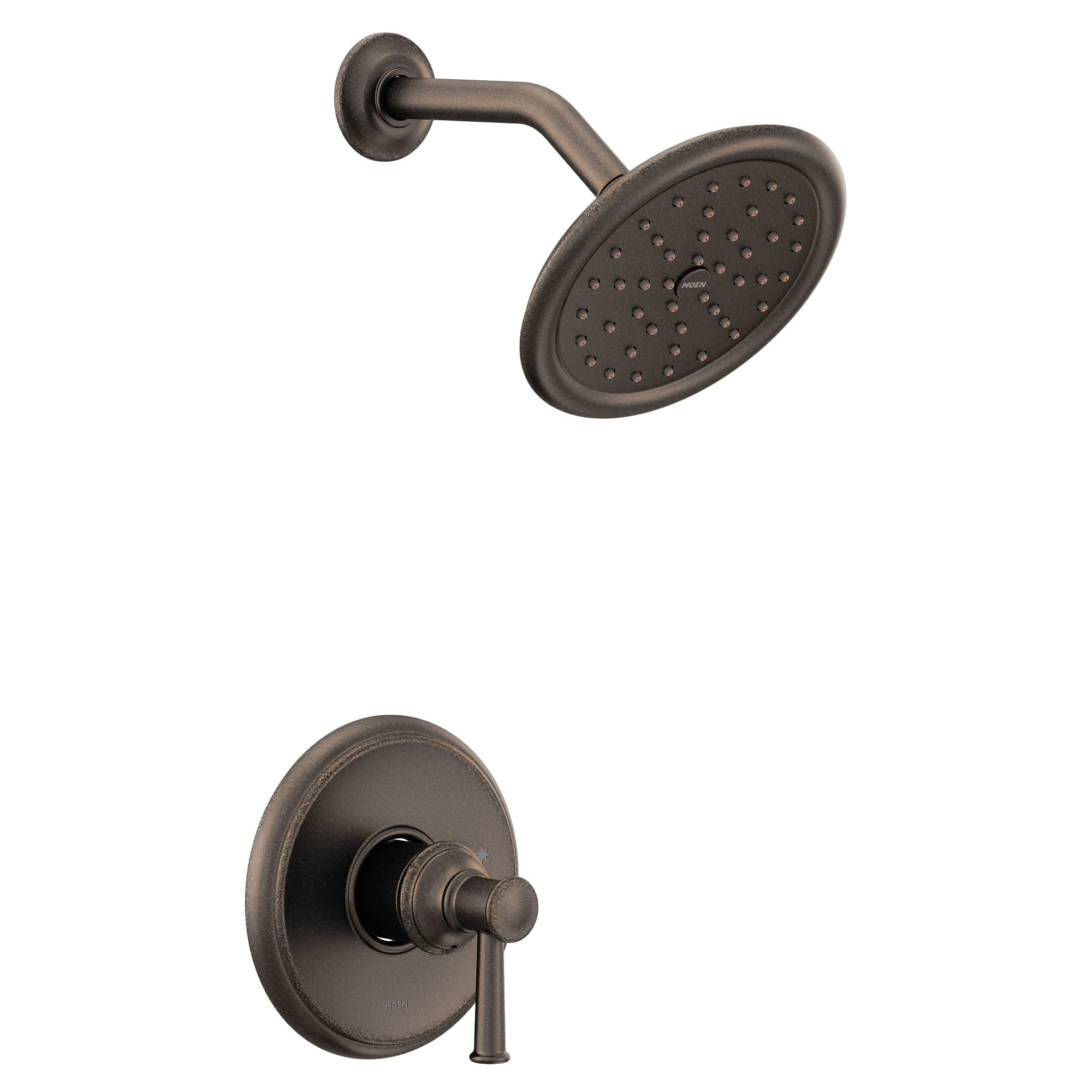 Oil rubbed bronze shower trim kit with single handle lever control, round showerhead, and curved arm.