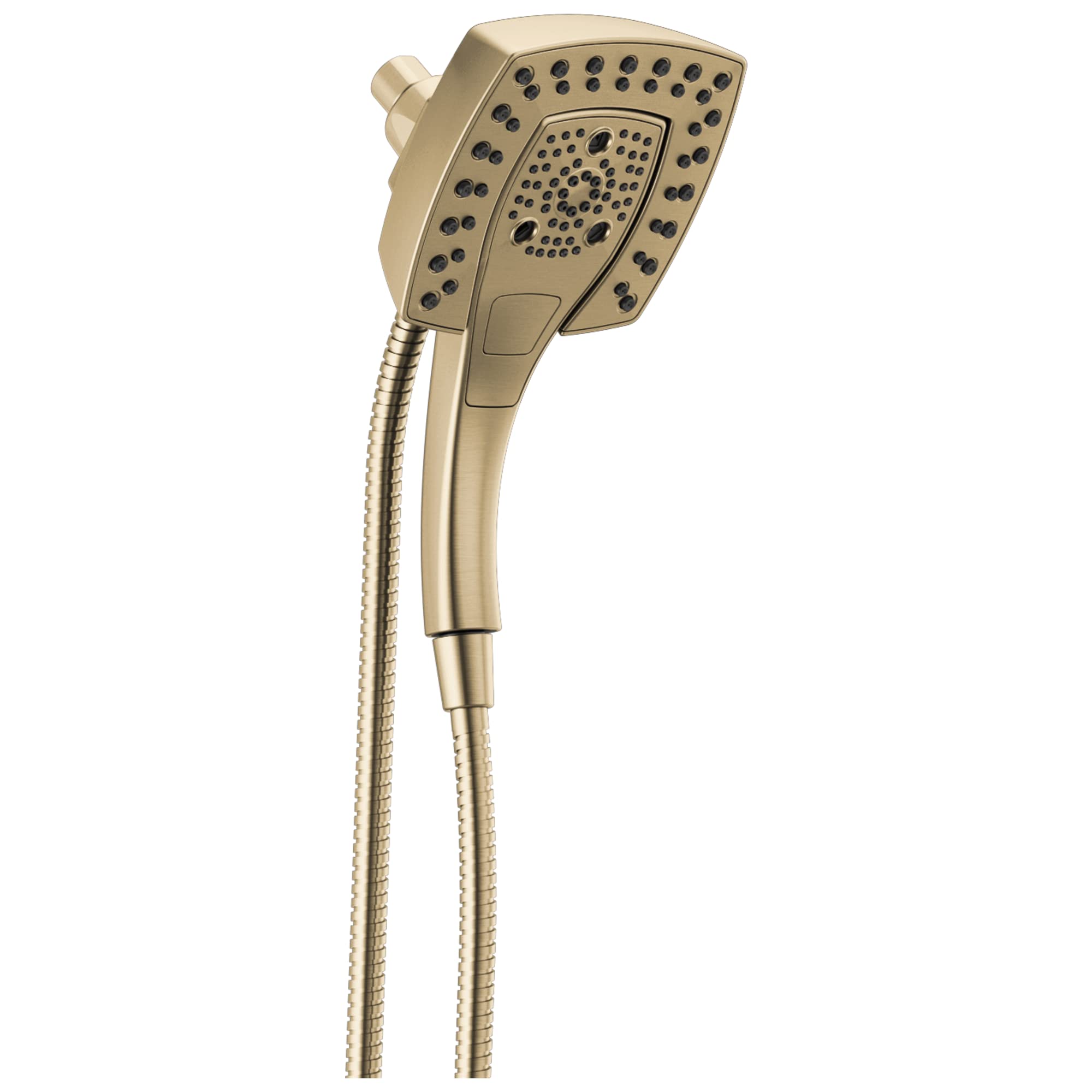 Champagne-colored square handheld showerhead with multiple spray holes and attached flexible hose.