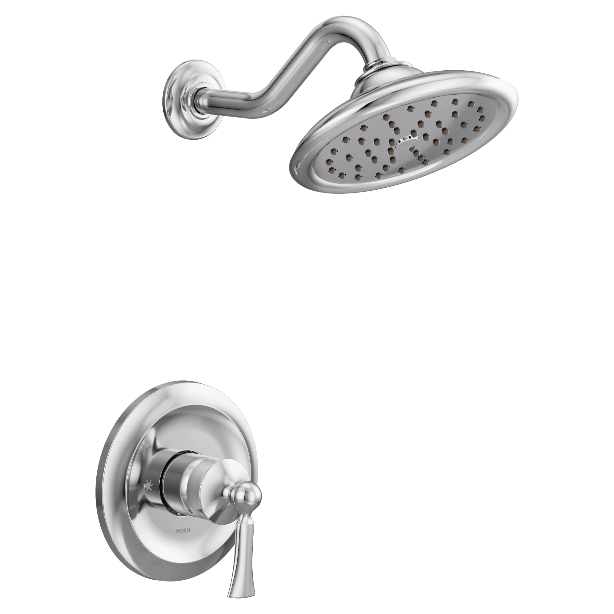 Chrome shower trim kit with single handle valve, curved arm, and rainfall showerhead with multiple spray holes.