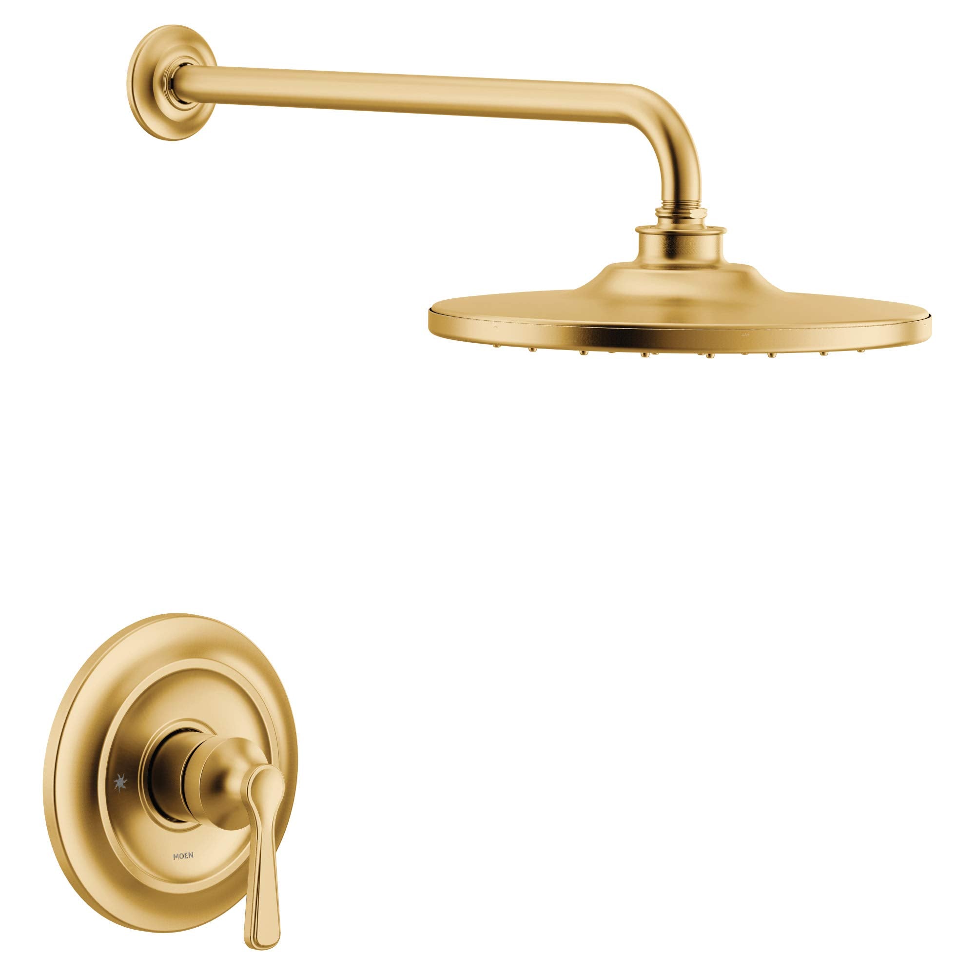 Brushed gold shower trim kit with single lever handle, wall-mounted arm, and round showerhead.