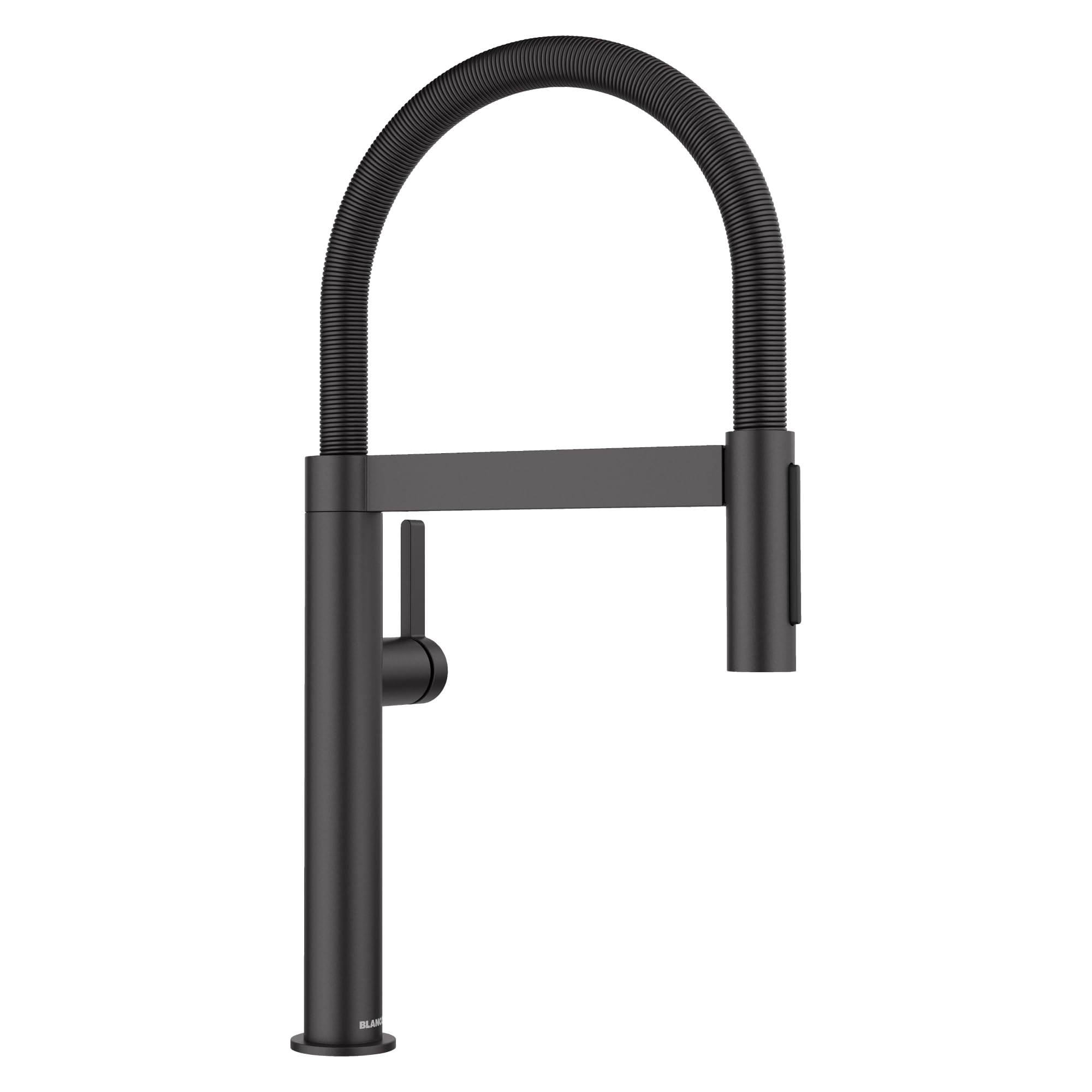 Matte black kitchen faucet with high curved spout and pull-down spray hose.