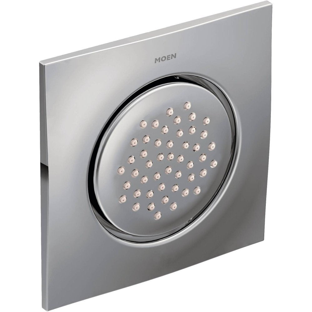 Chrome square body spray with circular showerhead featuring multiple spray jets, Moen brand.