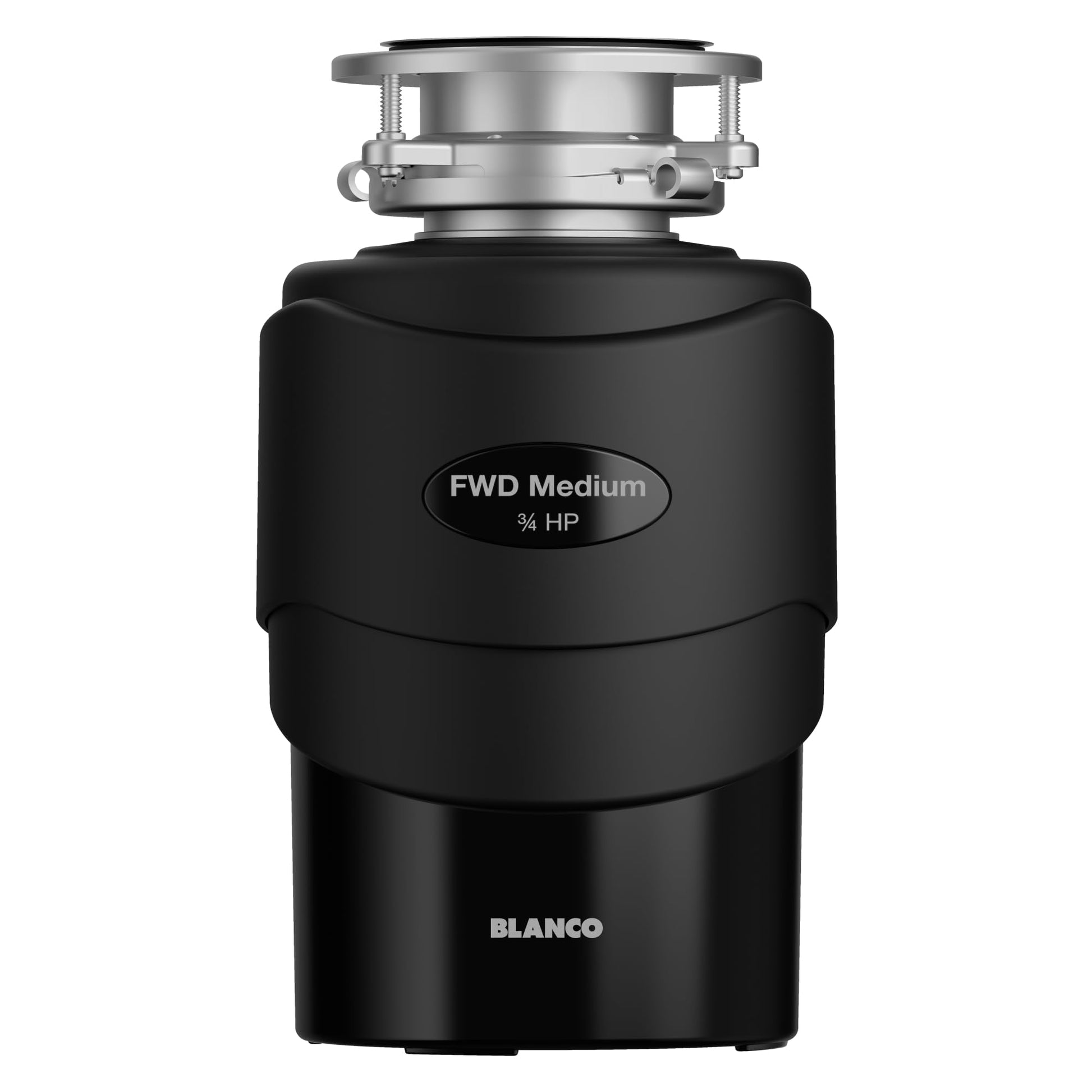Black Blanco food waste disposal unit with stainless steel collar and FWD Medium 3/4 HP motor housing.