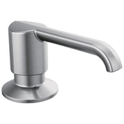Stainless steel soap dispenser with cylindrical pump body and curved spout on round base.