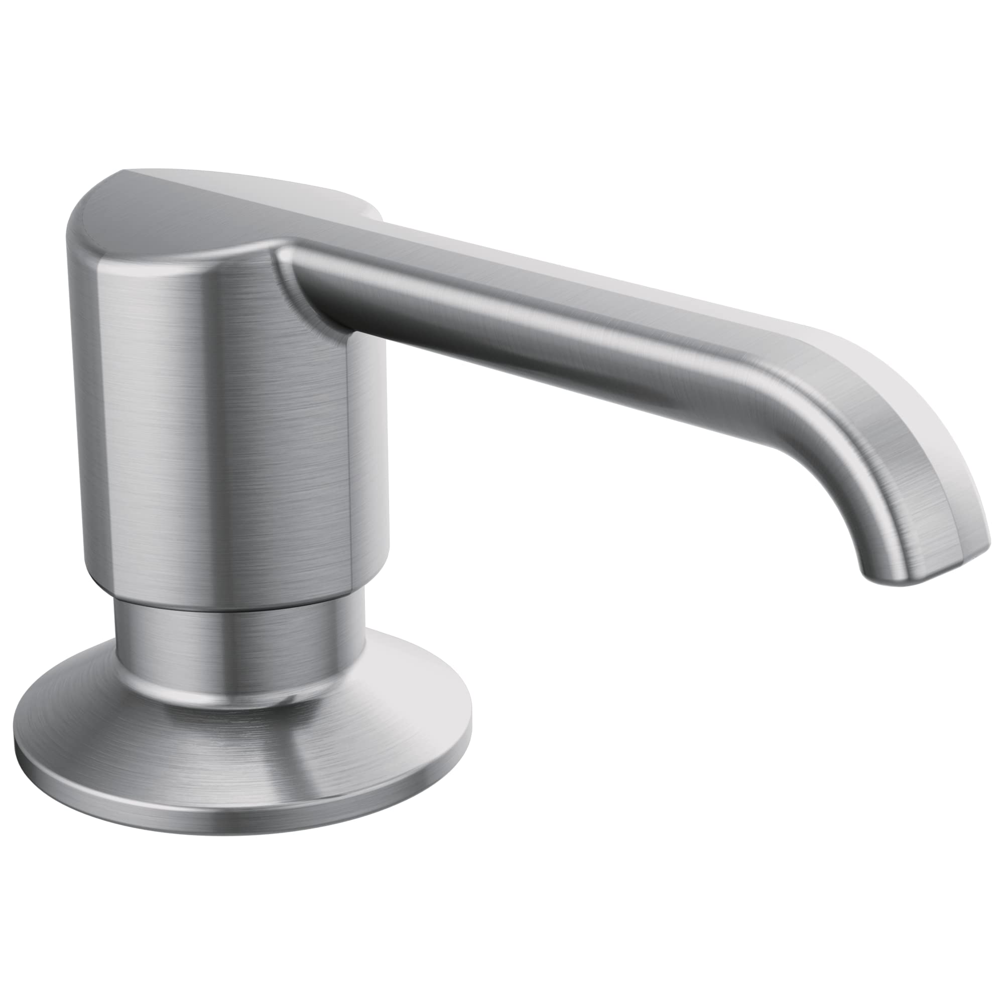 Stainless steel soap dispenser with cylindrical pump body and curved spout on round base.