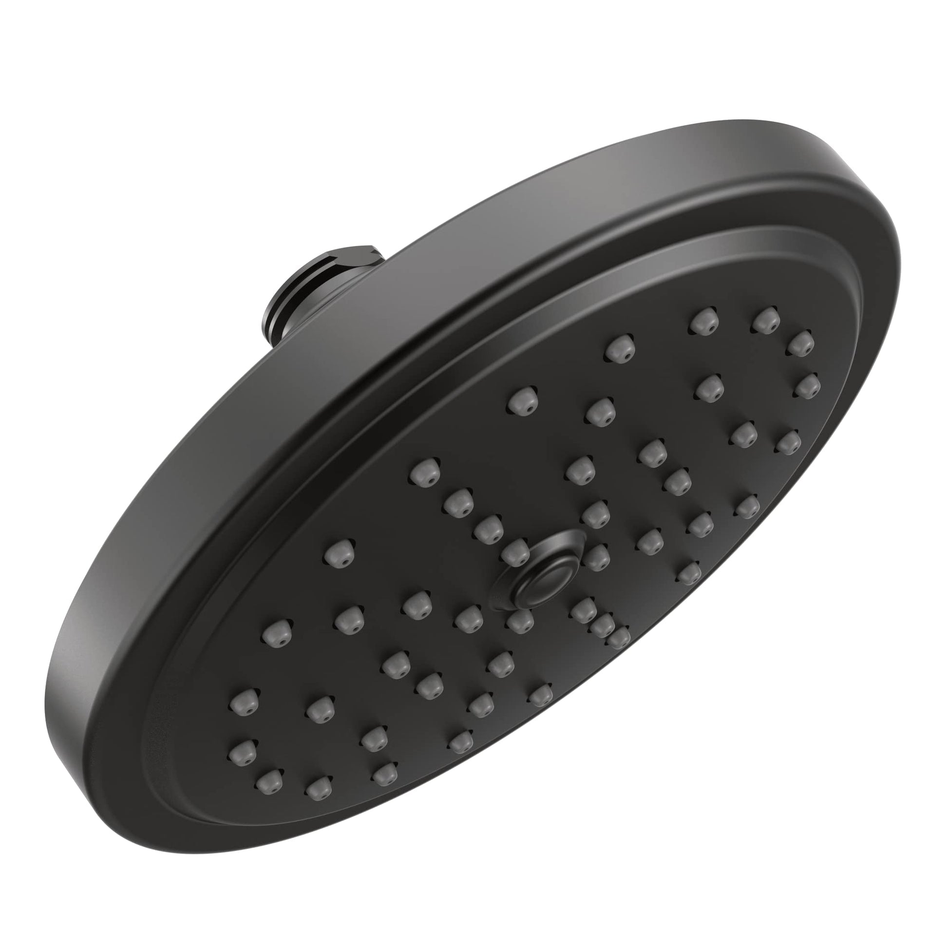 Matte black round shower head with multiple spray jets and wall-mount connection.