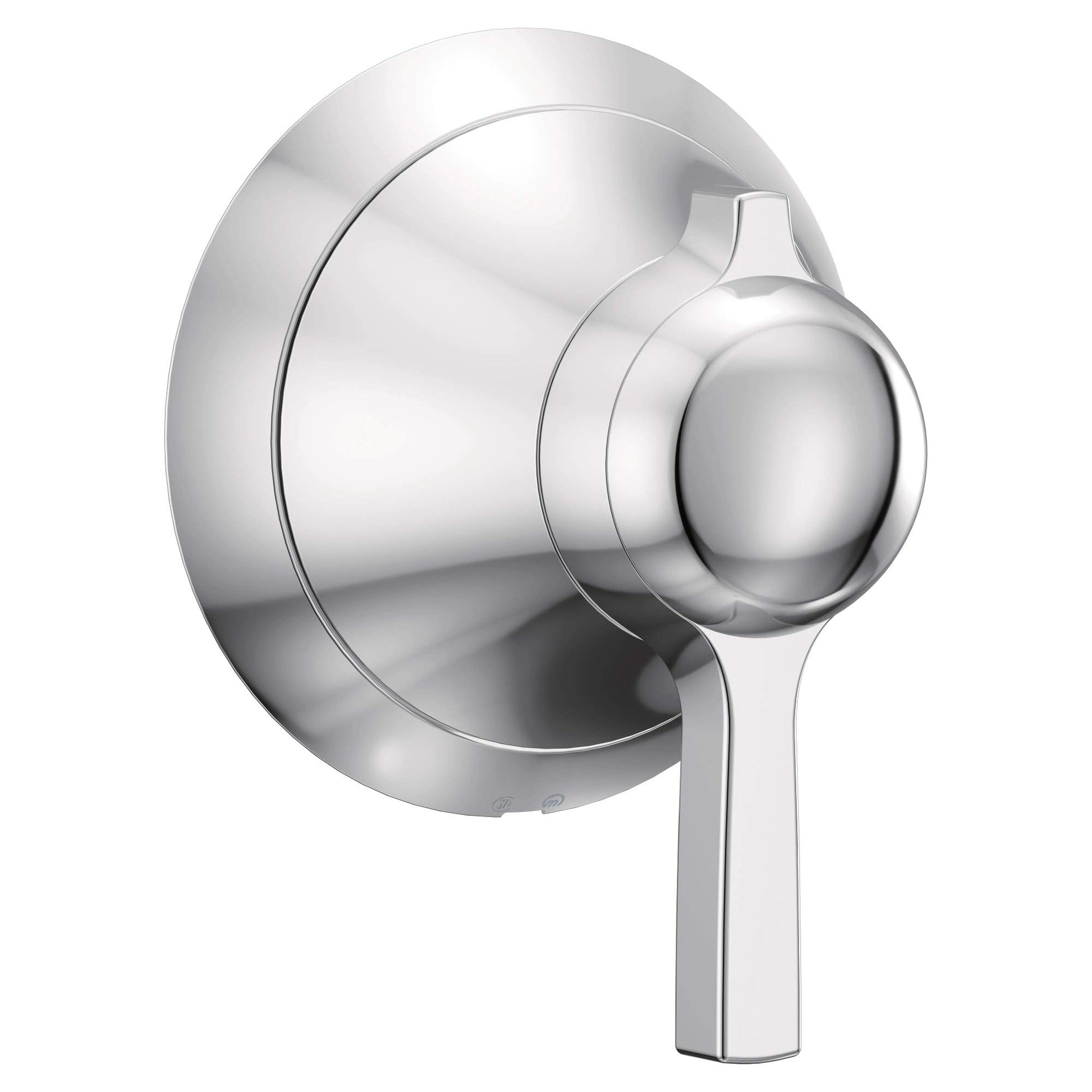 Chrome volume control valve trim with round escutcheon plate and lever handle.
