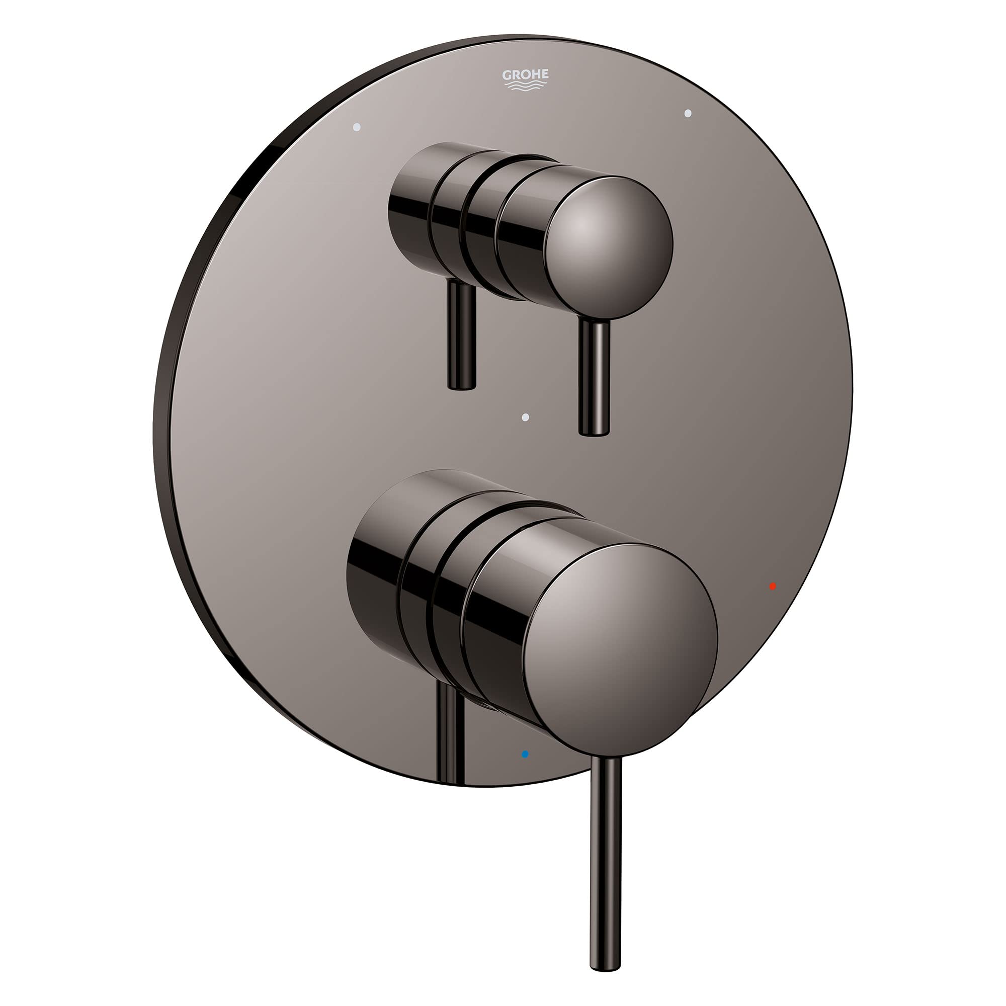 Grohe Timeless pressure balance valve trim with two cylindrical handles and diverter in hard graphite finish.