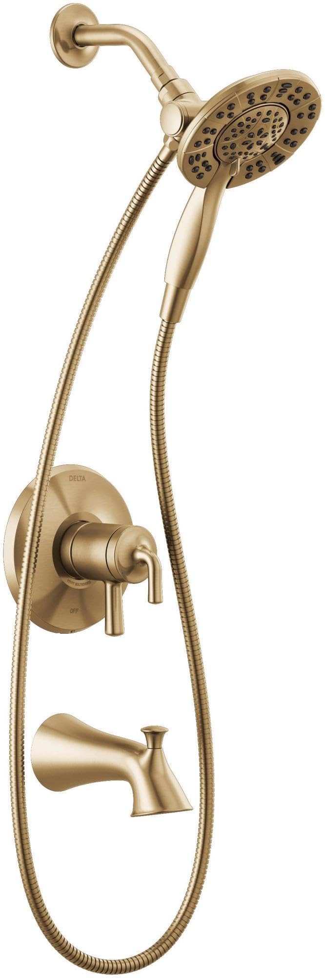 Champagne bronze tub and shower trim with wall-mounted control valve, handheld showerhead, fixed showerhead, and tub spout.