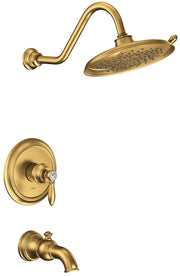 Brushed gold tub and shower trim kit with curved wall-mounted arm, oval showerhead with spray holes, single-handle valve, and