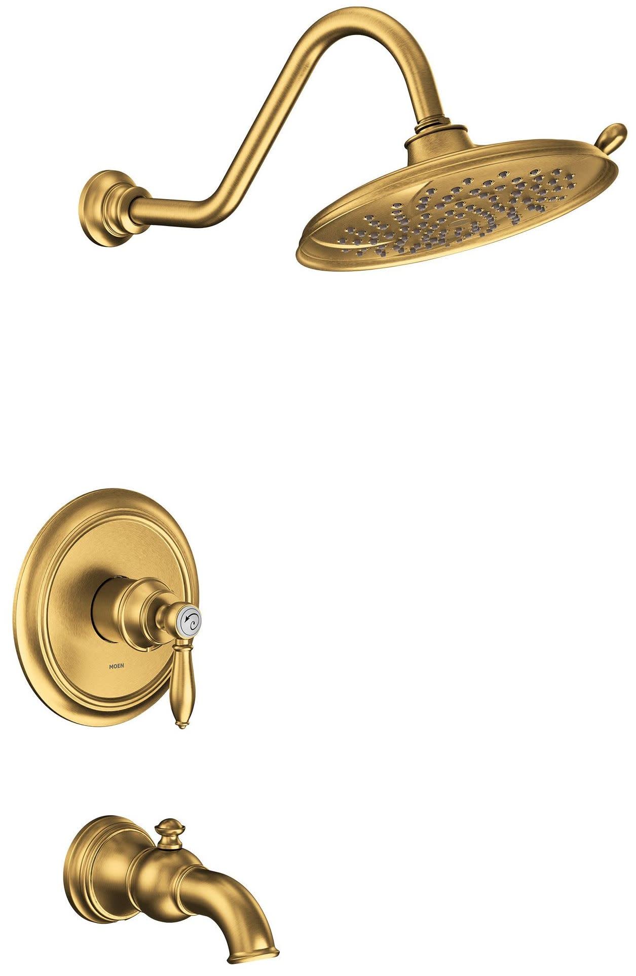 Brushed gold tub and shower trim kit with curved wall-mounted arm, oval showerhead with spray holes, single-handle valve, and