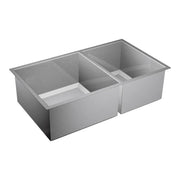 Satin stainless steel double bowl undermount kitchen sink with two equal rectangular basins.