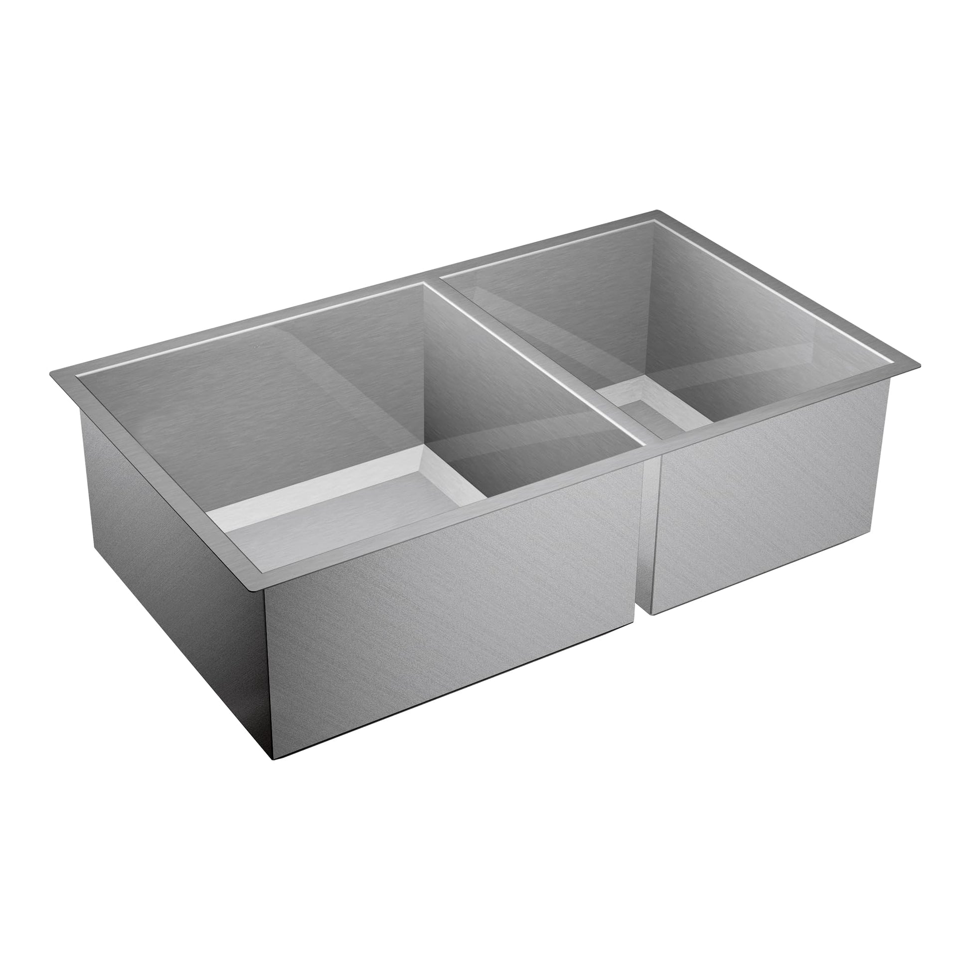 Satin stainless steel double bowl undermount kitchen sink with two equal rectangular basins.