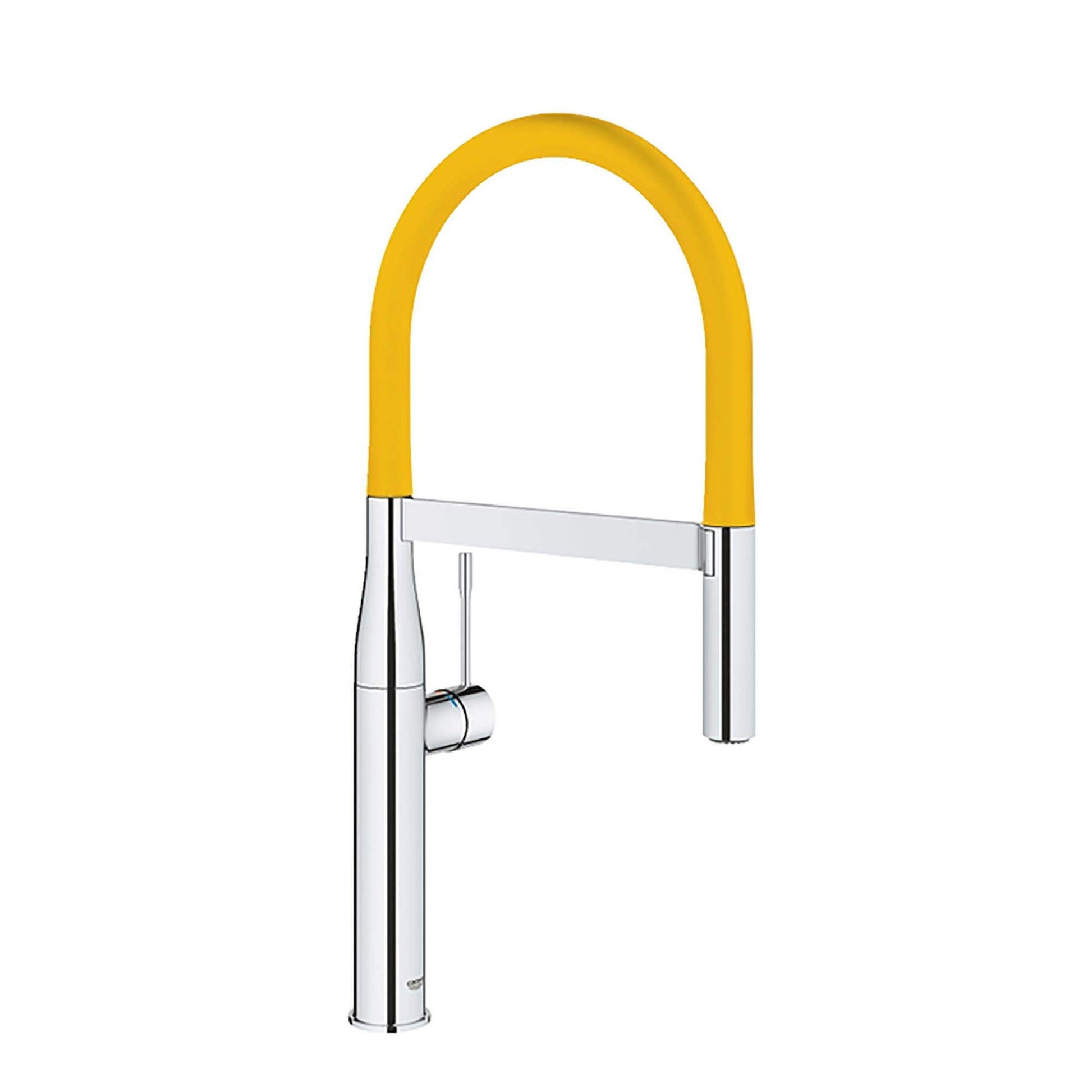 Chrome kitchen faucet with yellow flexible hose spout and single lever handle.